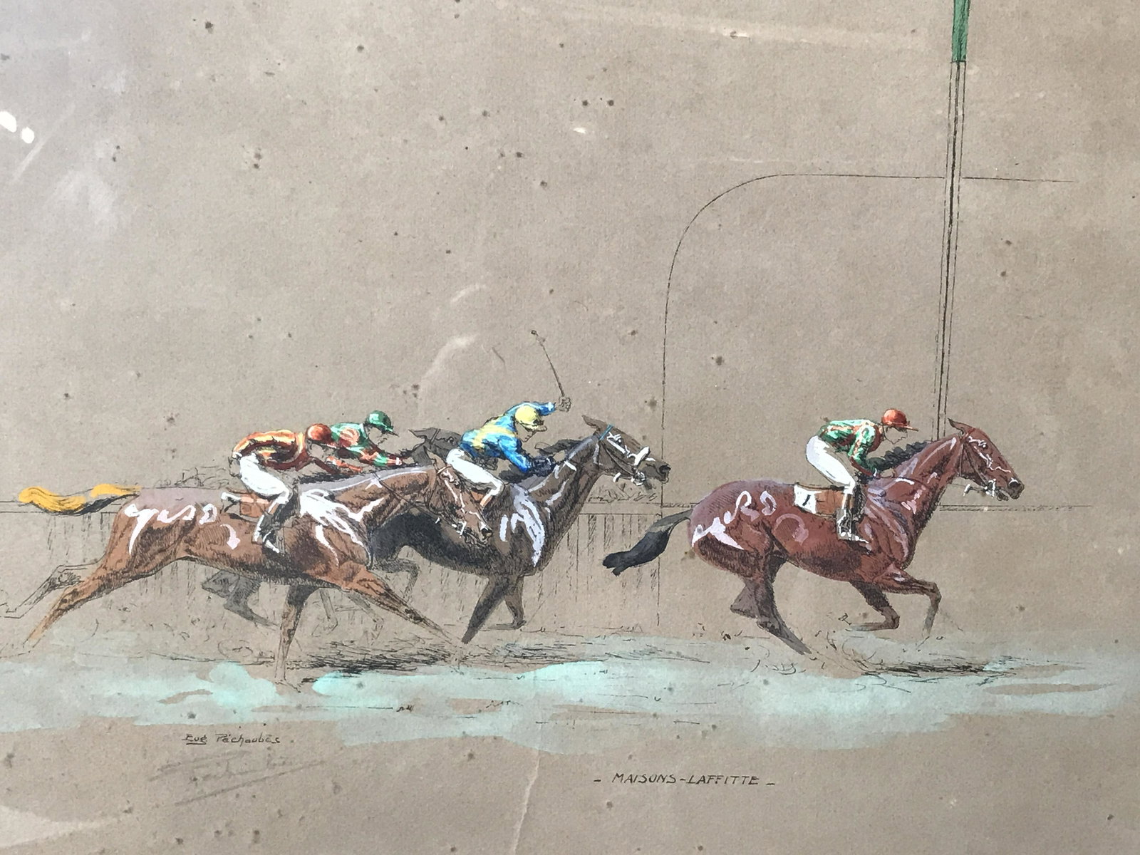 Eve Pechaubes Signed Hand Colored Lithograph: Eve Pechaubes signed hand colored lithograph, label to reverse reads ‘Art Exhibit Name:Leah Clark, Title:Maisons Laffitte, medium: print’, signature to the lower left section reads ‘Eve Pechaube