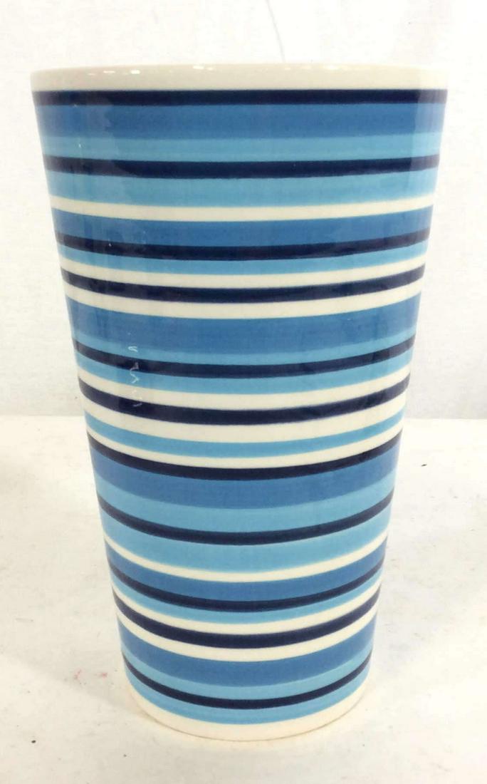 IKEA Striped Blue Ceramic Vase, Sweden: 9 in tall, 5 1/2 in diameter. Pottery, ceramics, tabletop, kitchenware, Hand painted, Artisanal, Tableware, Arts And Crafts, IKEA Vase, Striped Blue Vase, Flower Vase, 3