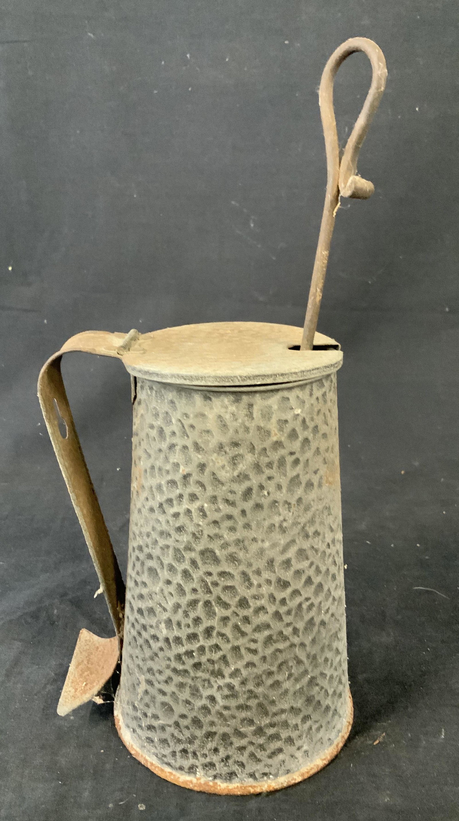 Vintage Mayflower Fire Starter Pot: Vintage Mayflower Fire Starter Pot, stamp to lid reads ‘Mayflower’, hinged lid with hole for pumice lighter, darkly toned metal possibly brass, hammered metal, significant rust, measures 6 1/2 x 4