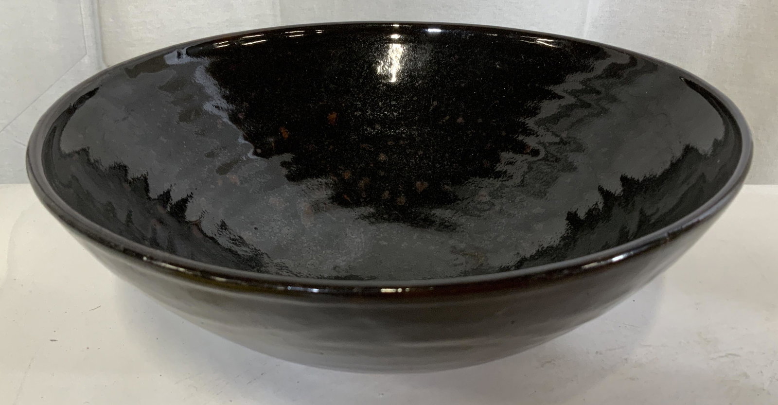 Glazed Ceramic Bowl: Glazed Ceramic Bowl, illegible inscription to base, glazed black, measures 4 x 10 7/8 inches in diameter, in great condition, display items not included, Ceramics, earthenware, bowl, fruit bowl, table
