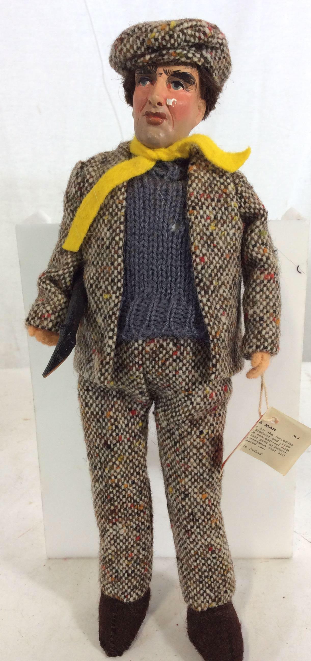Vintage DONEGAL Man Doll In Wool Clothing, Ireland: Original tall attached to doll. He is hand painted, wearing vintage Wool clothing associated with rural country clothes in Ireland ( tweed, trousers, sweater, coat) , a collector’s doll, artist ‘ 