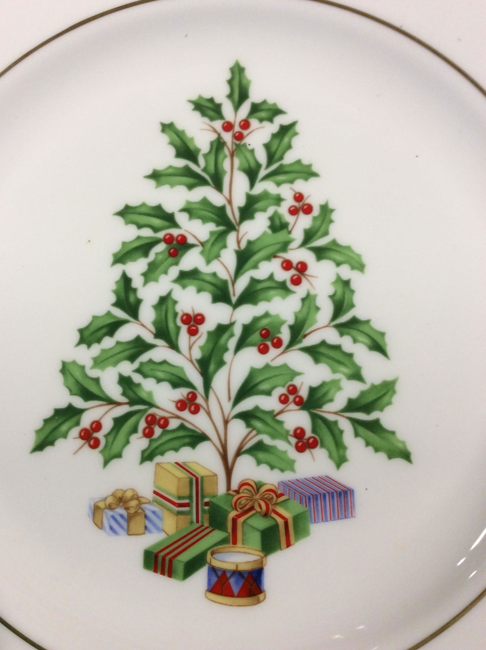 Set 4 Christmas Tree LENOX Collector’s Plates: Set of Porcelain Dessert Plates with Hand Painted Christmas Tree, pattern called SNOW HOLLY TREE GOLD. Gilt rims, all Hallmarked, from Lenox Holiday Classics Collection. Christmas Holiday Plates, Fine