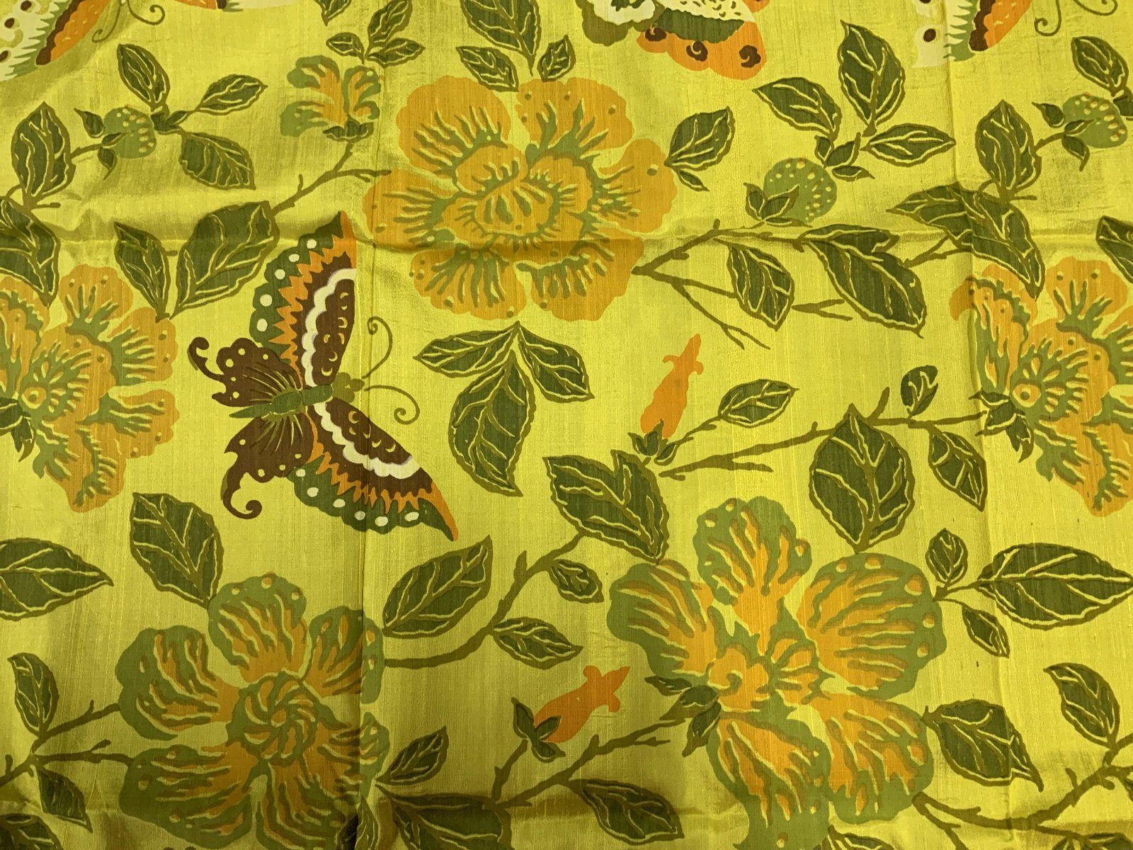 Lot 3 Indonesian Fabrics: Lot 3 Indonesian Fabrics, no apparent labels or inscriptions, possibly silk, yellow fabric measures 39 x 88 inches, pink fabric measures 39 x 105 inches, green fabric measures 40 1/8 x 58 7/8 inches, 