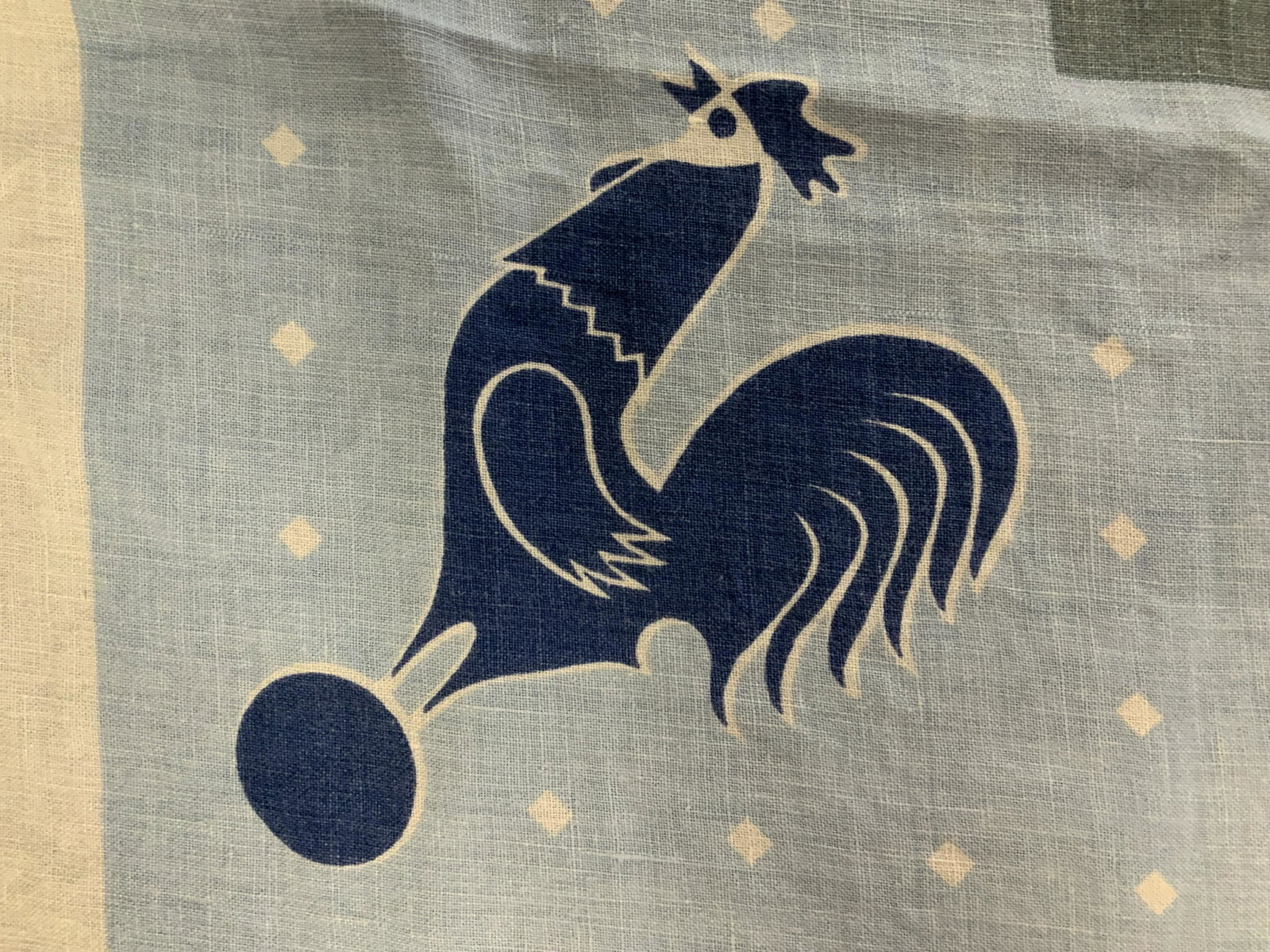 Vintage Rooster Tablecloth: Vintage Rooster Tablecloth, no apparent labels or inscriptions, a rooster pattern on blue and white fabric, measures 49 x 49 inches, some stains to fabric, otherwise in good condition, Vintage, rooste