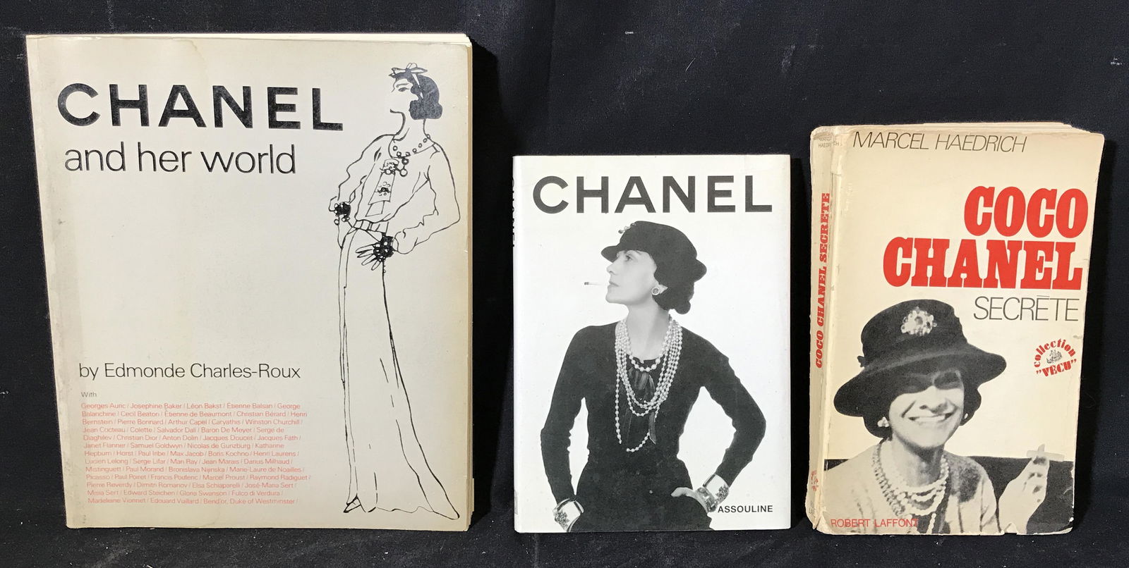 Three Chanel Books Coffee Table Books: Three Chanel Books, titles include ‘Chanel and Her World’ ‘Chanel’ ‘Coco Chanel Secrete’, two of the three are paperback, largest one measures 11.25 inches by 9.25 inches, all have some we
