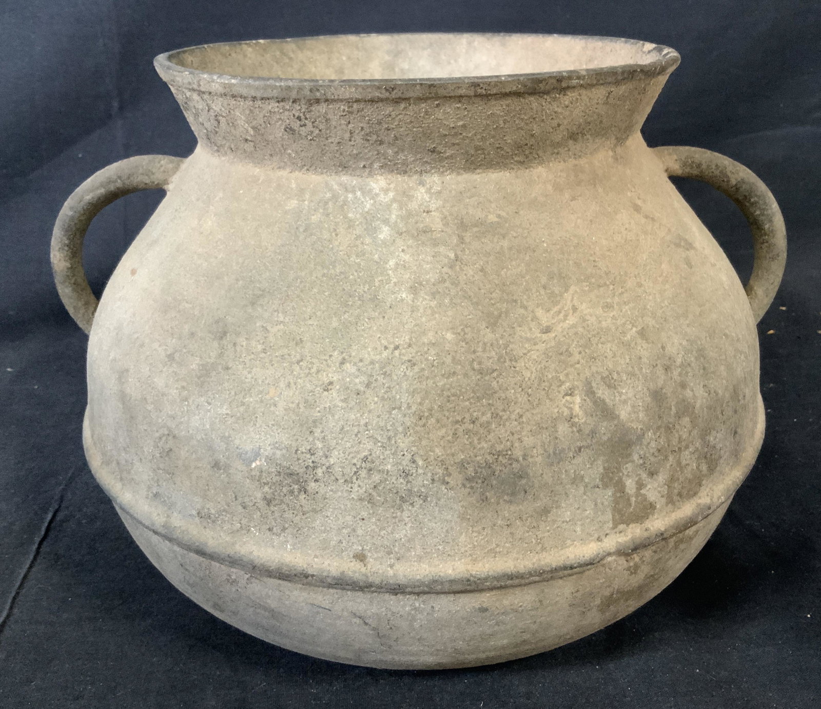 Dual Handled Metal Water Jug: Metal Jug, no apparent stamps or labels, has two handles, measures 8 x 10 3/4 inches in diameter, some aging and exposure to metal, Metal vessel, jug, home decor, planter, flower pot, home accessory. 