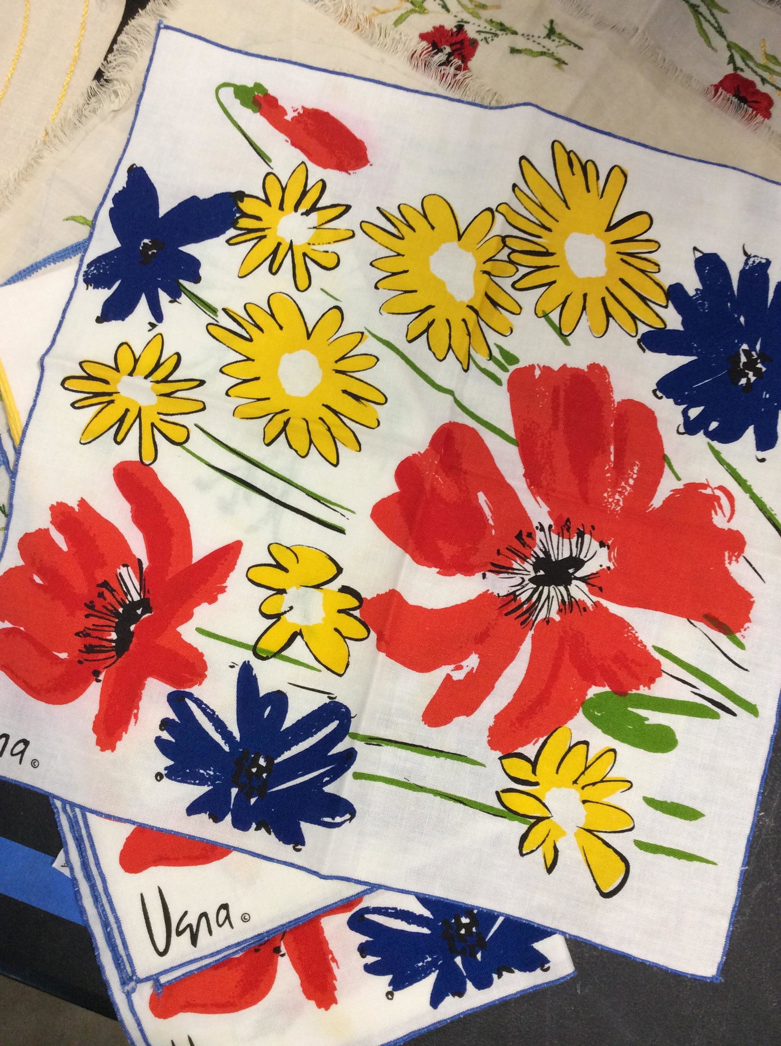 Collectible Vintage Table Linens, Signed, Embroid.: Table cloth, napkin and Placemat set. Flower embroidery, tablecloth 34 x 34 in. App. 6 Coordinating linen napkins with 3 matching placemats, 1 matching Embroidered table topper, Signed ROMATCH FLORAL 