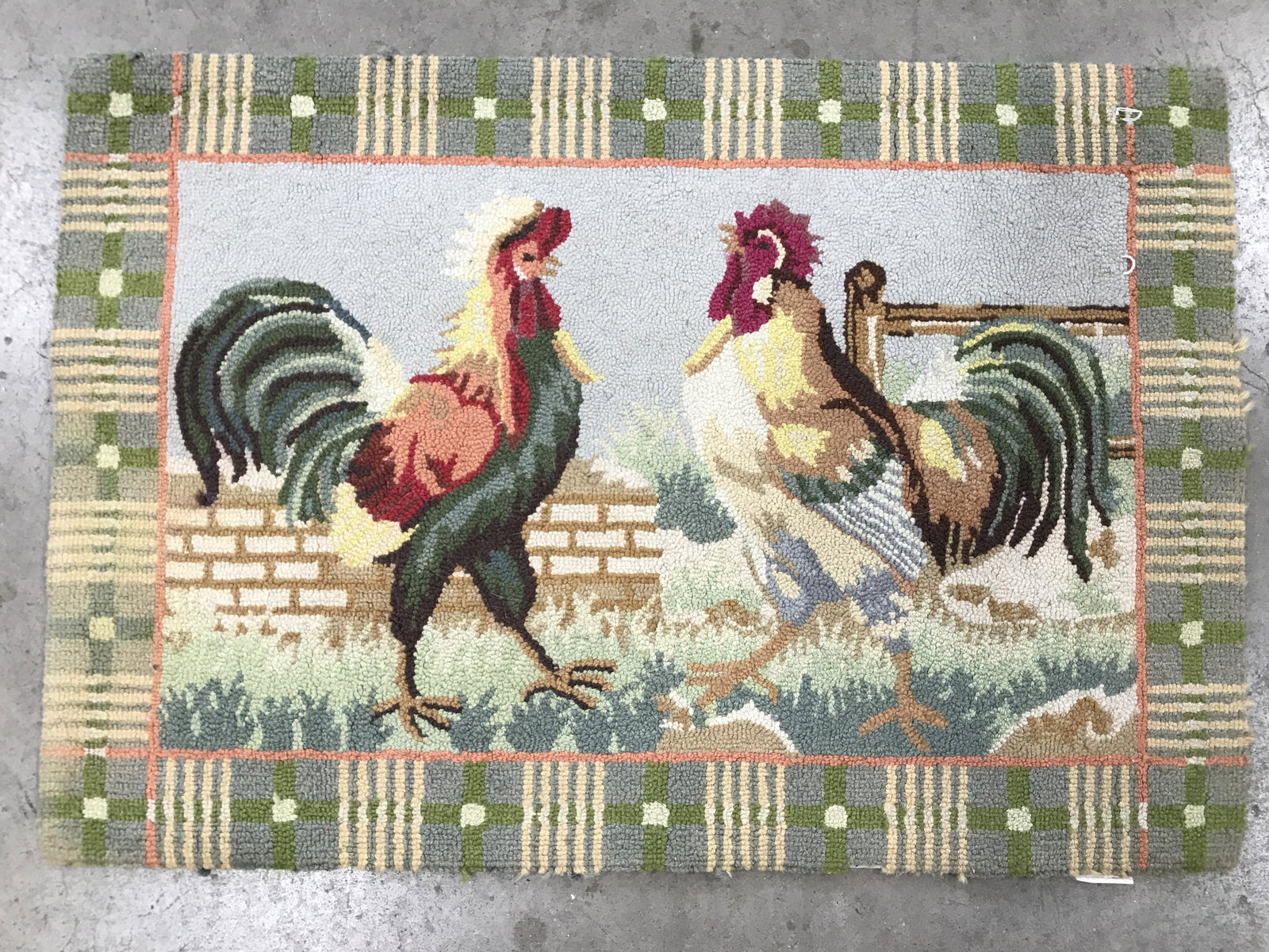 C&F ENTERPRISES Rooster Rug / Mat: Tag on underside is marked C&F ENTERPRISES. Piece is possibly wool possibly cotton. Piece depicts a rooster and a chicken. Outer area has multi toned geometric detail. Piece measures approximately 36 