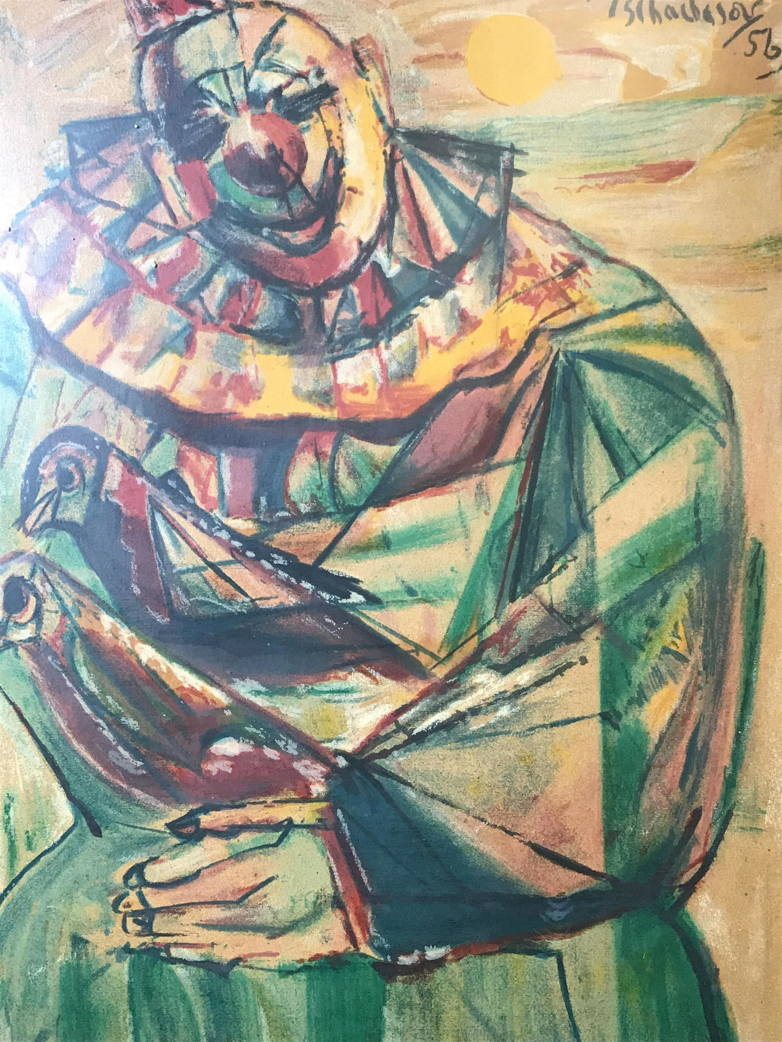 Signed Lithograph of Abstract Clown: Signed lithograph, signature illegibly written in the upper right corner possibly reads ‘Tschachasou’, date in the upper right corner reads ‘56’, subject an abstract portrait of a clown with a
