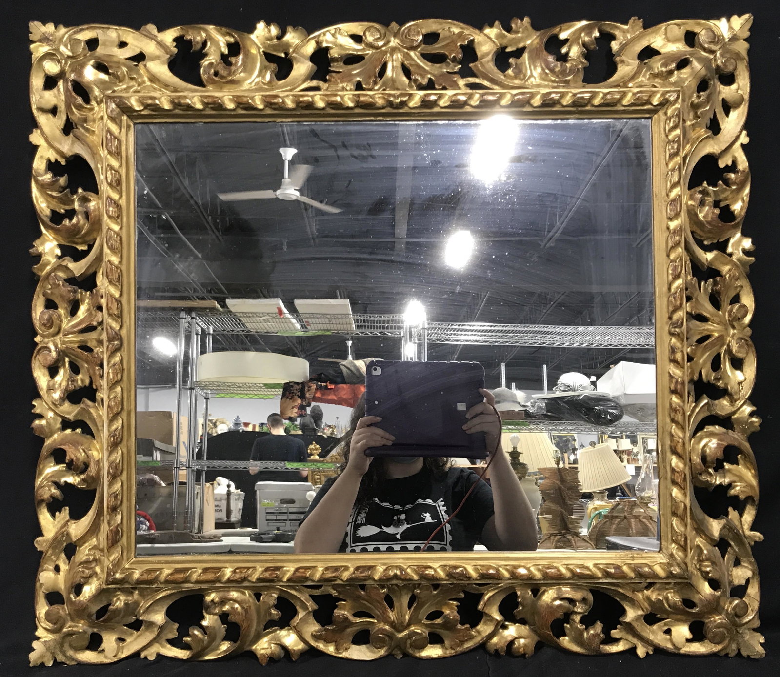Vegetal Designed Gilt Wood Framed Mirror: Vegetal designed gilt wood framed mirror, frame hand carved gilt wood designed to look like vines and leaves, some small cracks to frame, mirror in good condition, measures 29 inches tall by 33.5 inch