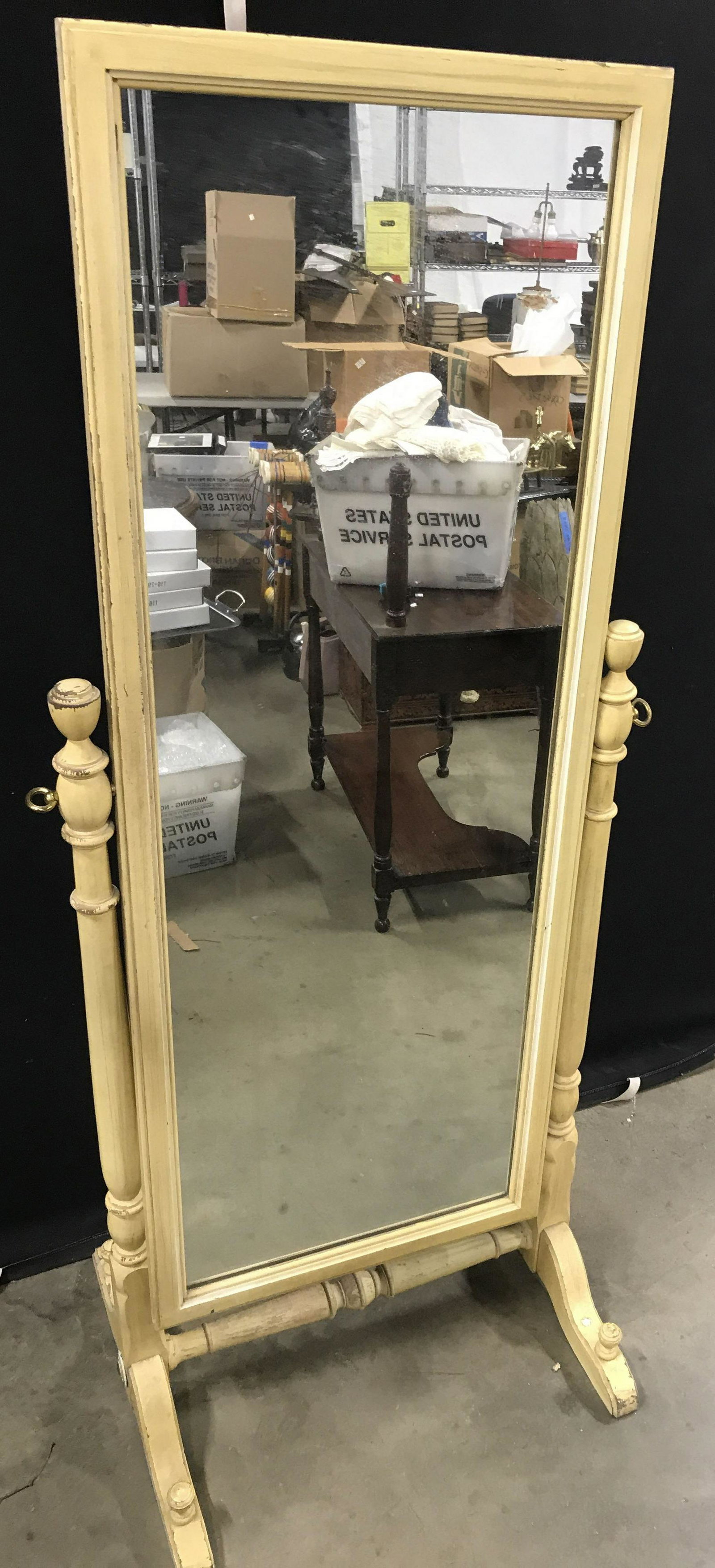 Vintage Hand Painted Tilt Mirror: Vintage, possibly antique, tilt mirror. The mirror is hand painted, legs are joined by a stretcher. Measures approx 63.25 H, and 23.5 inches W. Wear is consistent with age and use, water damage presen