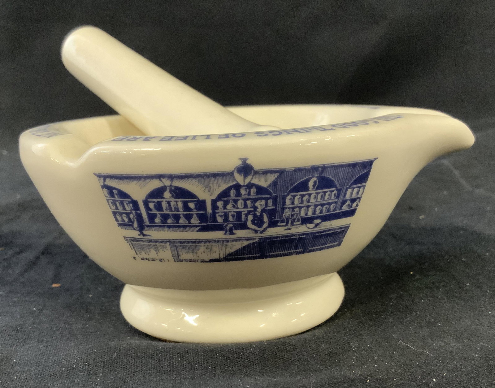 Vintage Merck Sharp & Dohme Mortar and Pestle: Vintage Merck Sharp & Dohme Mortar and Pestle, inscription to base reads ‘Merck Sharp & Dohme’, inscription to pestle reads ‘MSD’, ‘The good things of life are not to be has singly but come 
