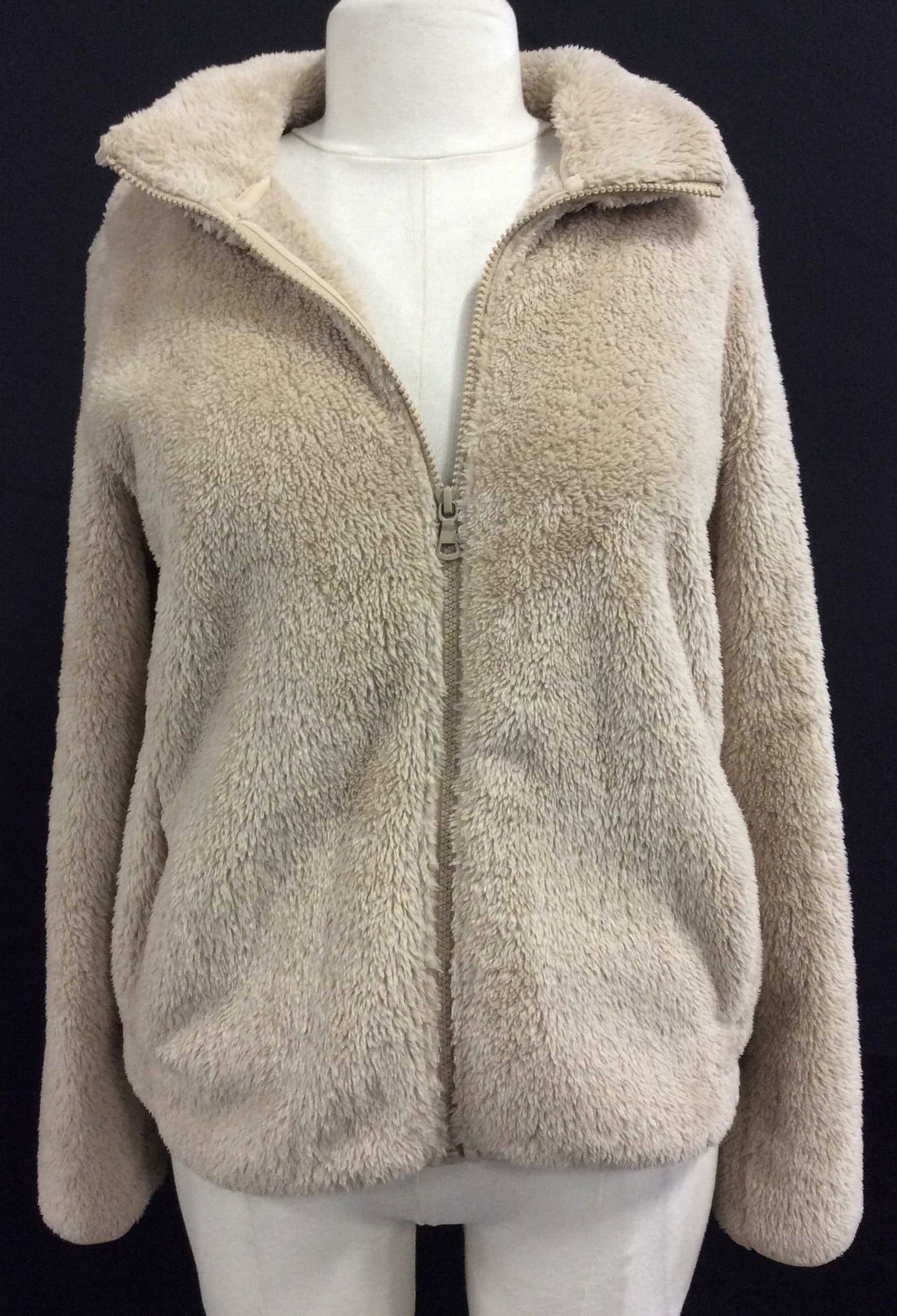 UNI QLO Tan Plush Lightweight Jacket: Super soft hand, plush, Sz Med, Designer label, interior and exterior pockets. Like new, no fabric issues. In mode fashion, Ladies Plush Jacket, Designer UNI QLO, Fall Weather outerwear, Ladies wearab