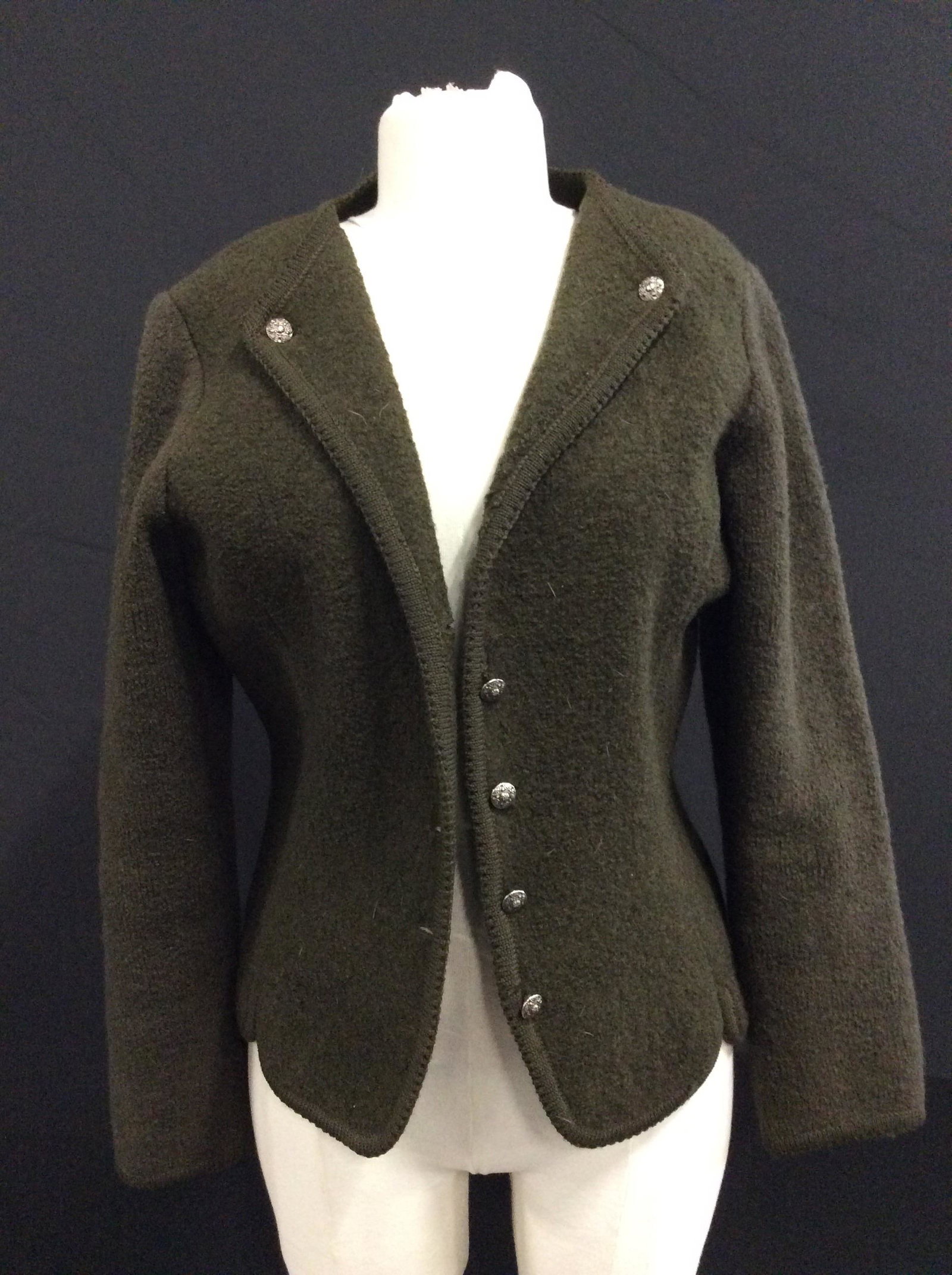 JoS.A.Bank Boiled Wool Cardigan Jacket: Sz 14 ladies, front silver toned buttons, designer label, label reads 100% boiled wool as well, app 25 in long. Moss green. Good condition. Luxury Designer, Joseph A Bank Wool Cardigan Jacket, Ladies 