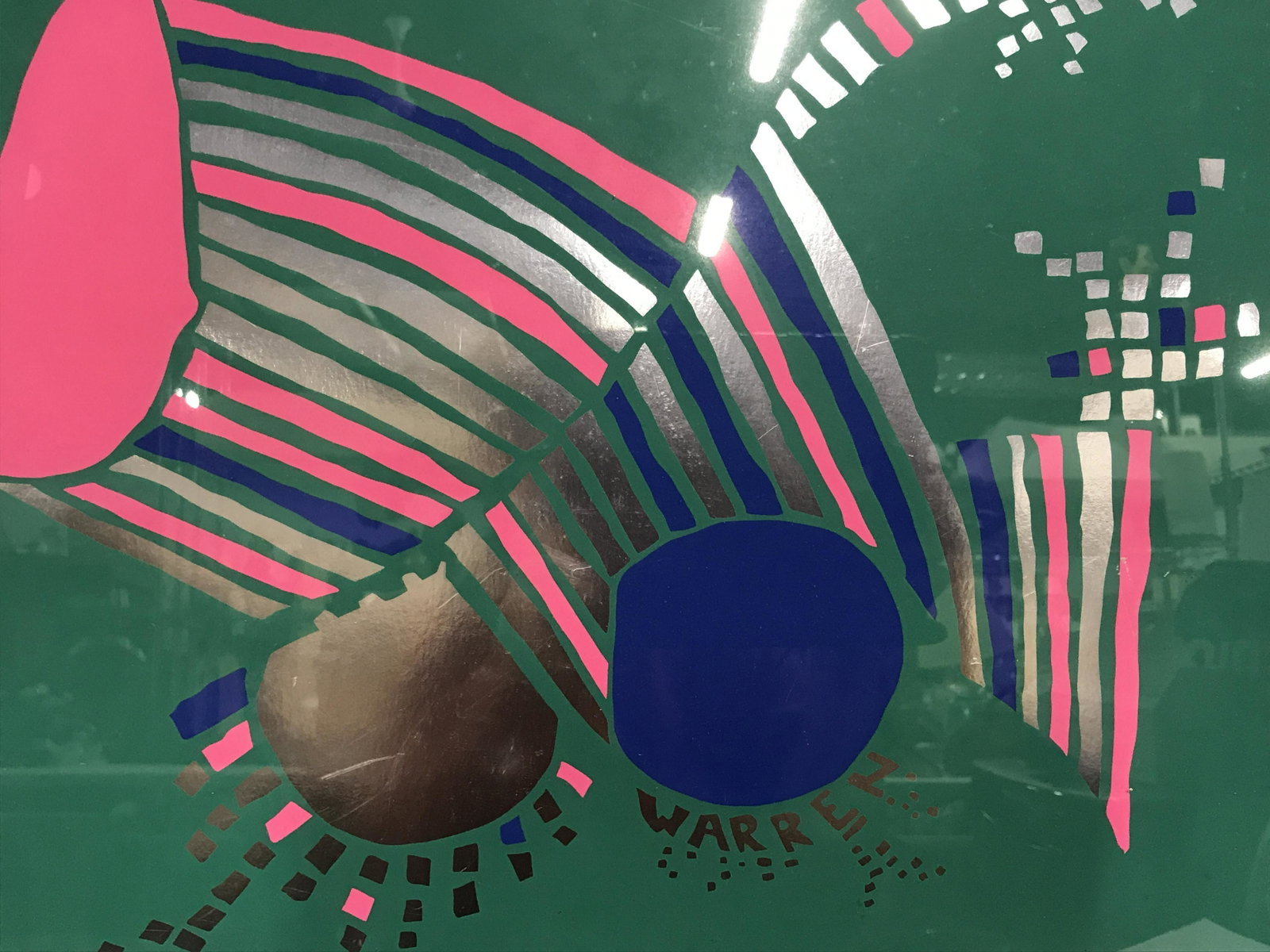 Warren Signed Mettalic Artwork Print: Warren Signed reflective artwork print, signature along the lower section reads ‘Warren’, subject an abstract scene of blue green and pink with a reflective silver in the background, gilt silver w