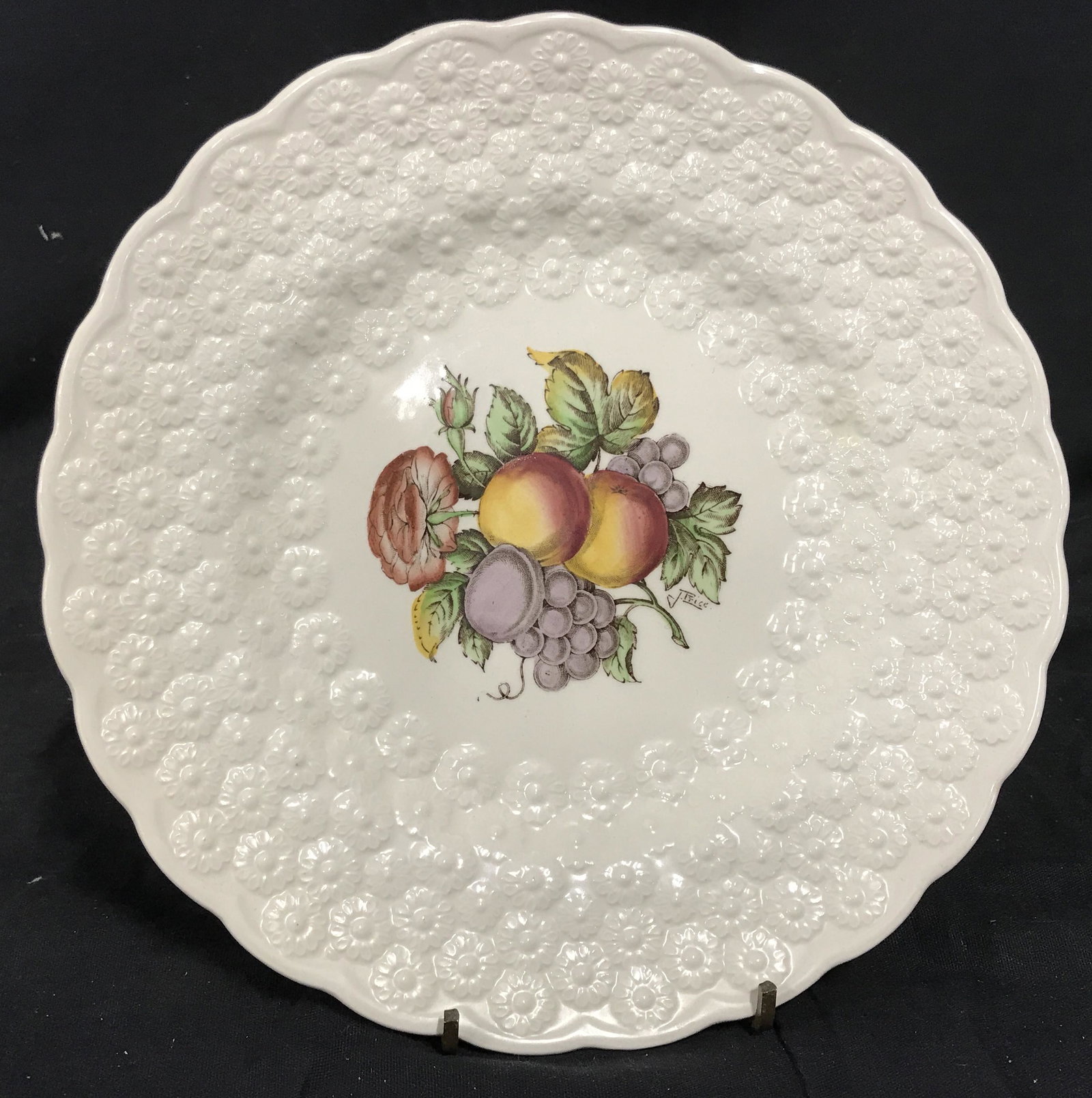 12 J.Price Signed Copeland Spode Porcelain Plates: 12 J.Price Signed. Opal and Spode Porcelain Plates, each has a unique grouping of fruit to the front with a signature to the lower right section of the decor that reads ‘J.Price’, reverse to each 