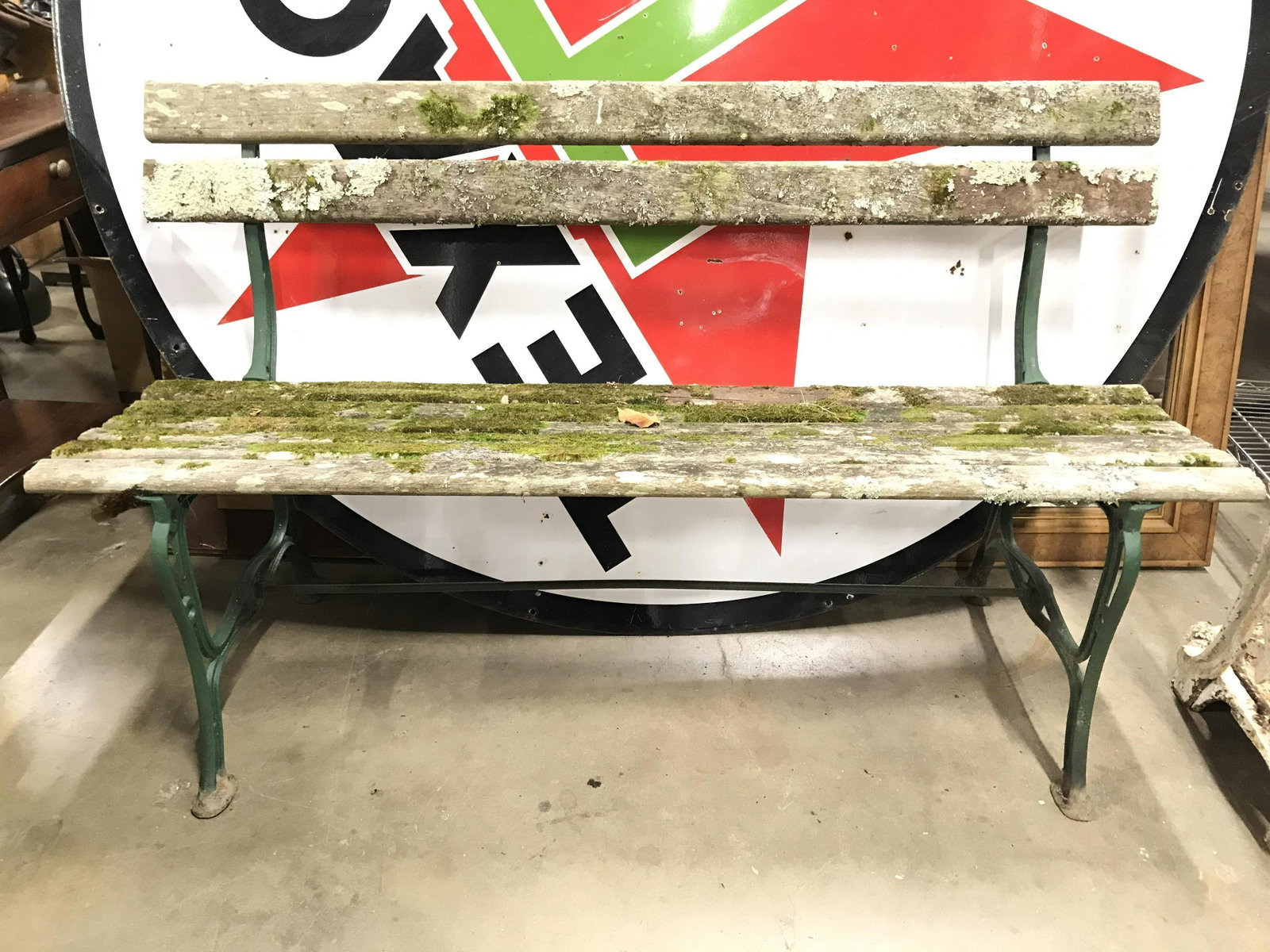 Outdoor Wood & Metal Park Bench: Bench is wooden & Metal. Metal structures are green toned. Bench, park bench, outdoor bench, wooden bench, bench with backrest. seating, garden bench, outdoor furniture, Piece measures approximately 5