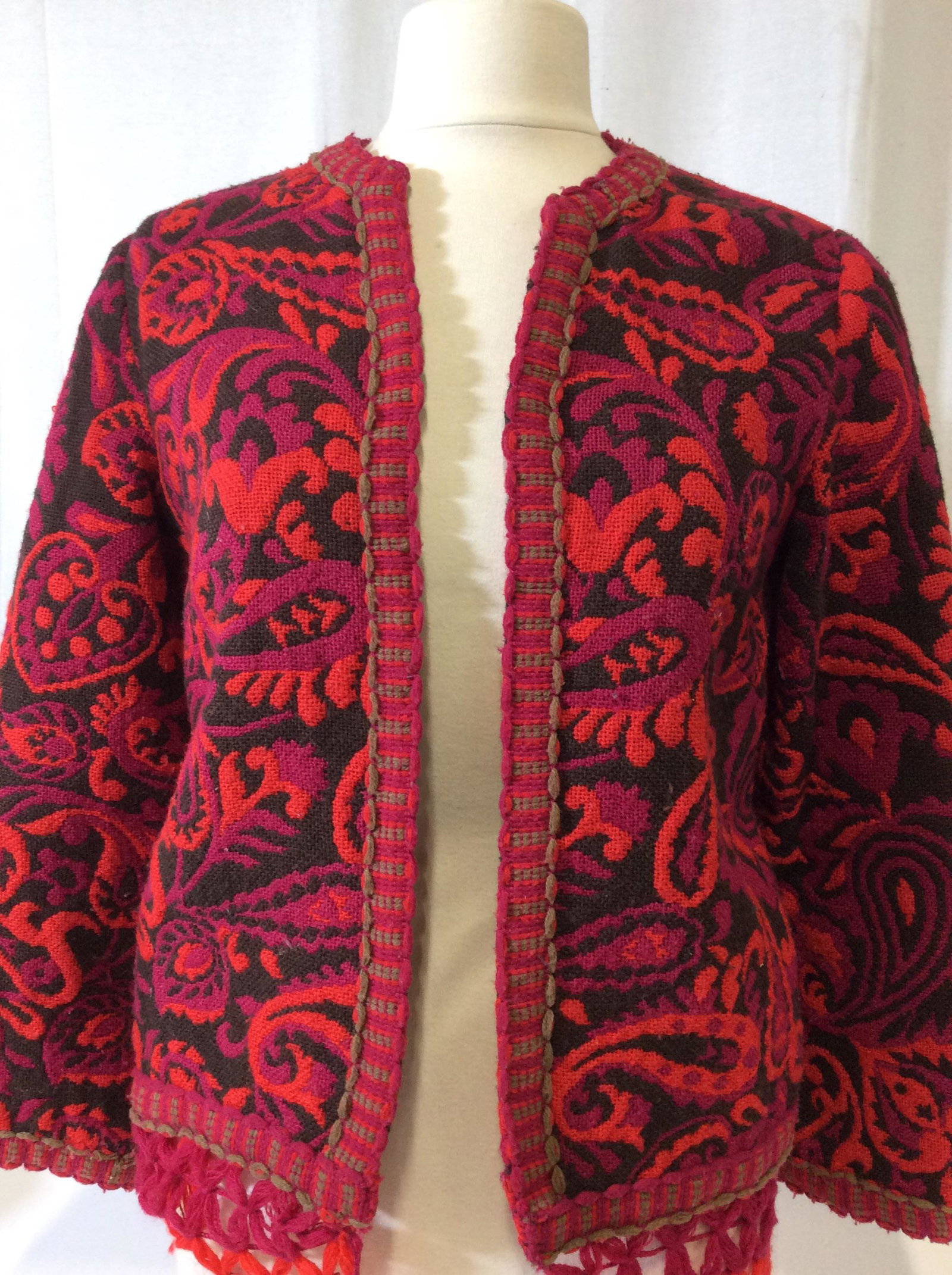 Vintage Bohemian Wool Fashion Jacket: Bright neon colors, Sz 44, tassel bottom hem, boxy Cut. 24 in. Long with Tassels. Wool Fashion Jacket, Vintage Wool Blazer, Bohemian Style Fashion, Ladies Wearables, Vintage Clothing, neon pink and re