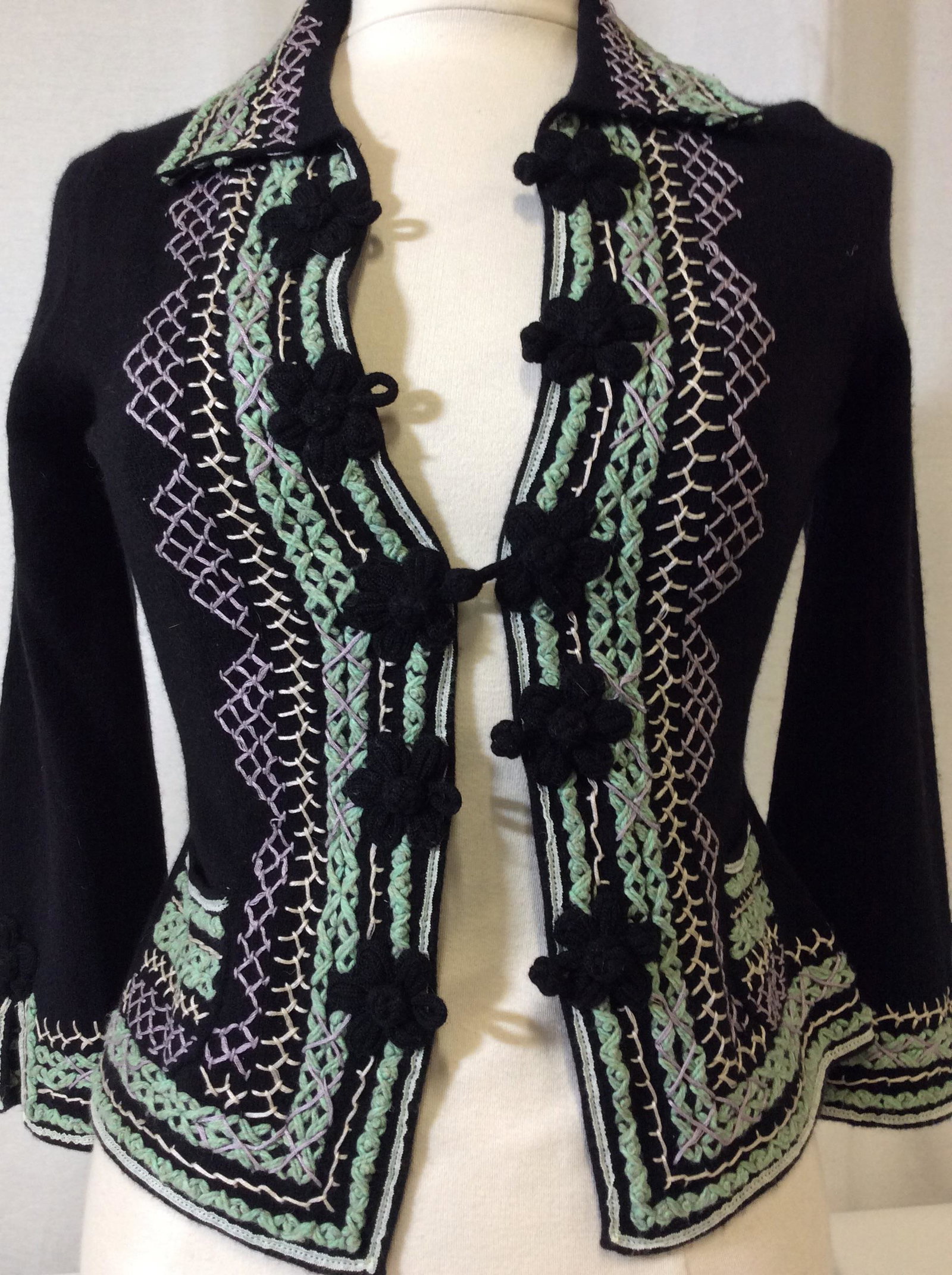Luxury Nanette Lepore Cashmere Cardigan: Designer labeled, Sz Sm. Black Cashmere with all over hem embroidery. 19 in long. Luxury Designer Nanatte Lepore Cardigan , Cashmere Cardigan, Ladies Luxury Vintage Clothing, Ladies Luxury Fashion, Ka