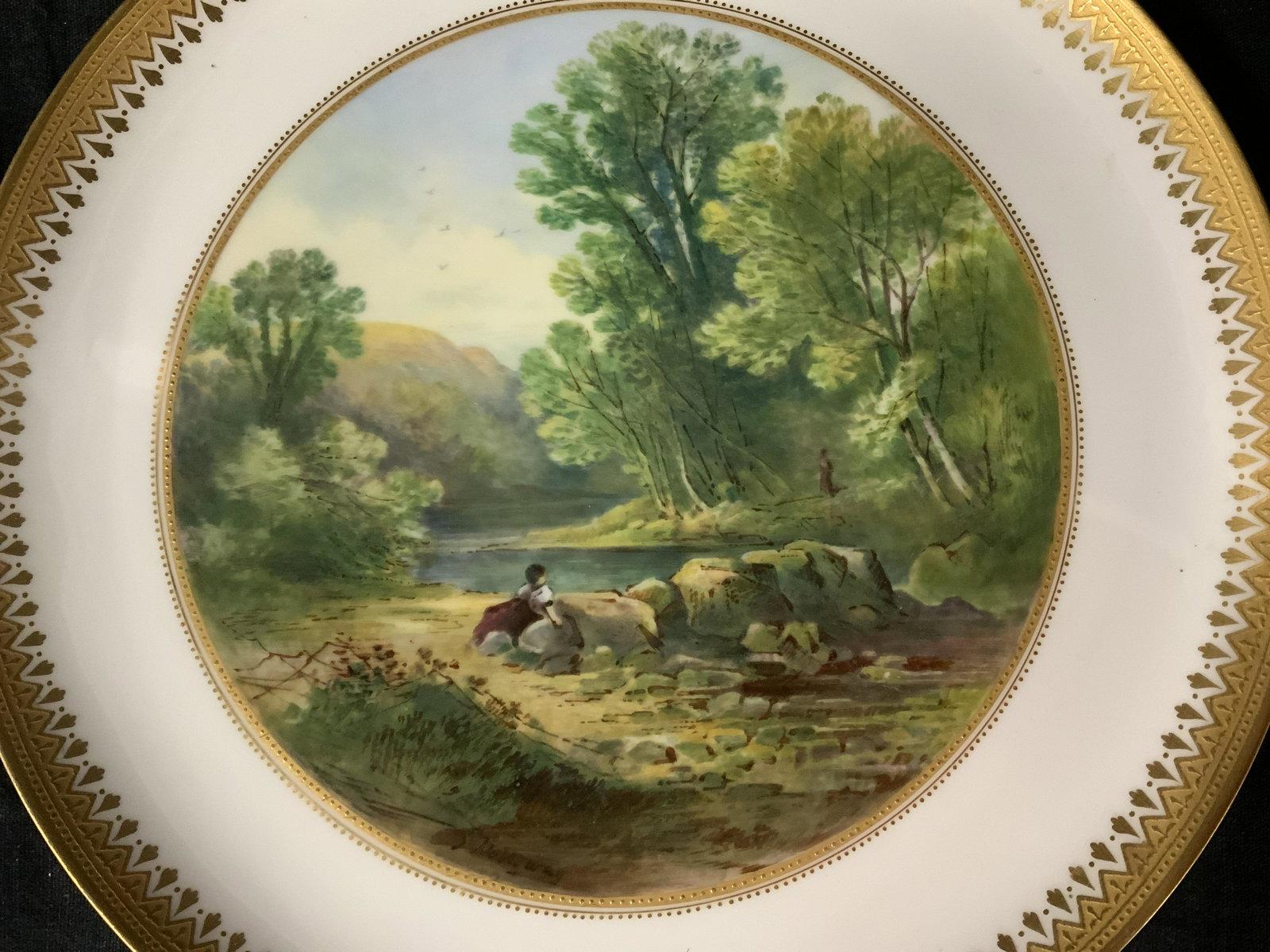 Lot 6 W Litherland & Co Porcelain Plates: Lot 6 W Litherland & Co Porcelain Plates, inscription to base reads ‘In the Woods, Bridge at Betchworth, On the Trent, Harford Bridge Devon, St Johns Vale Near Keswick, A Surrey Cottage, 23 & 25 Bol