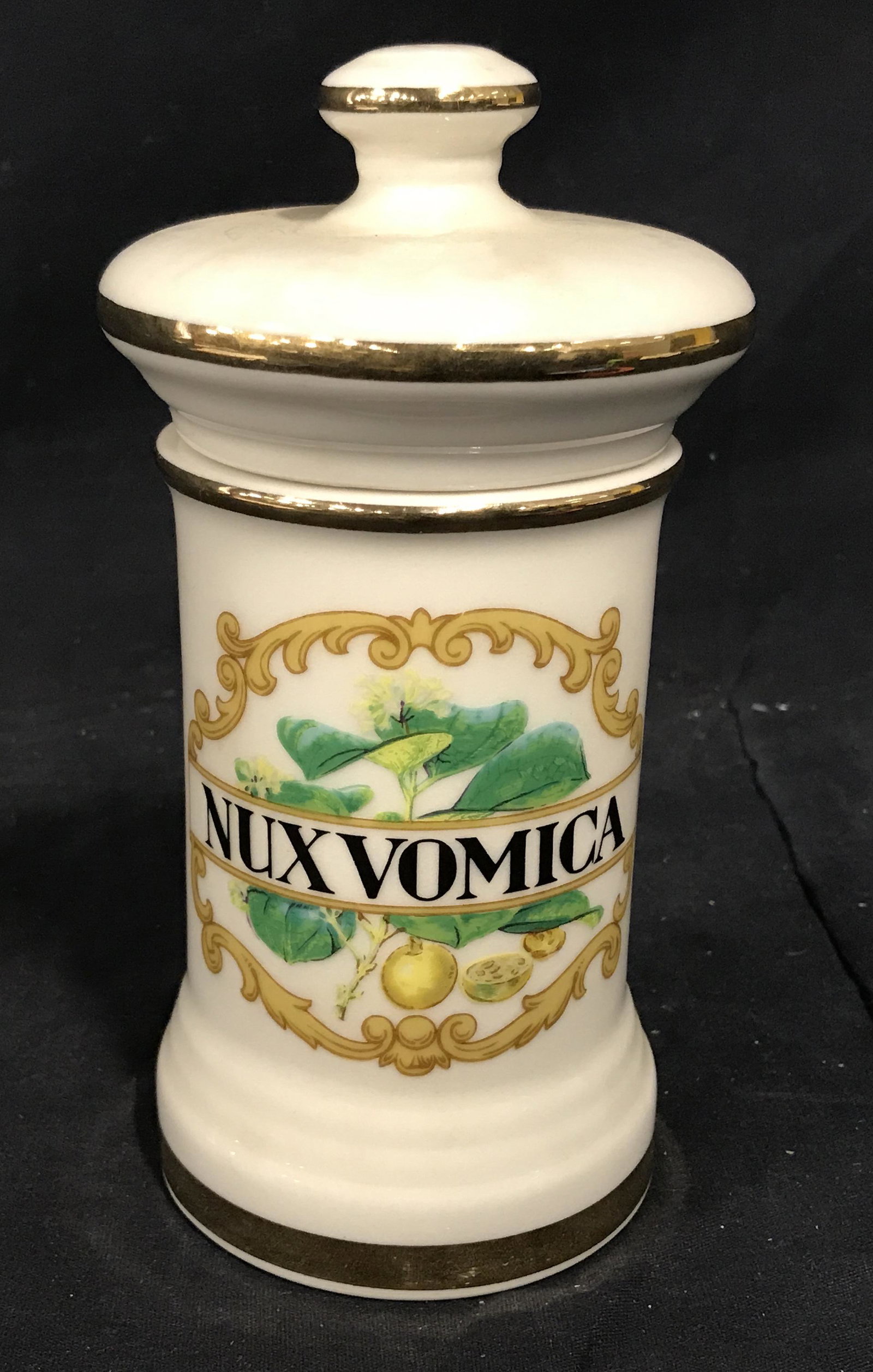 Nux Vomica Porcelain Lidded Jar: Nux Vomica Porcelain Lidded Jar, design to the front reads Nux Vomica and shows a depiction of the plant otherwise known as Strychnine tree plant a highly poisonous plant, has painted rings of gold th