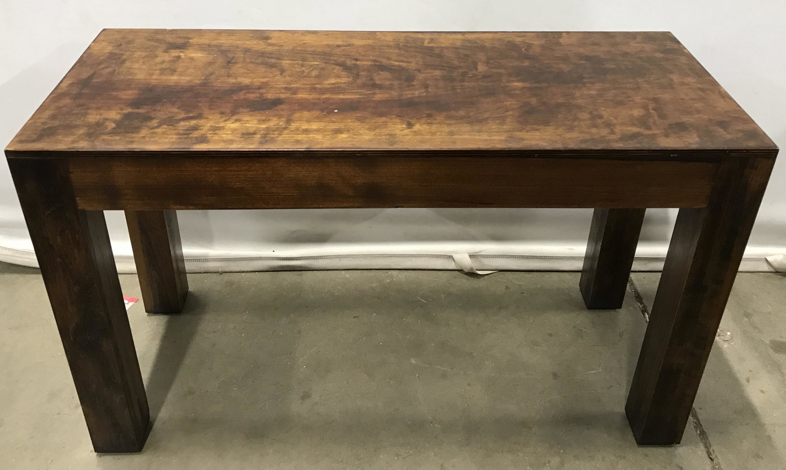 Vintage Carved Wood Side Table: Vintage carved wood side table. Gloss finish. Measures approx 18.25, 29.75 inches W, and 12 inches deep. Wear is consistent with age and use. Side table, sofa table, accent table, entryway table, vint