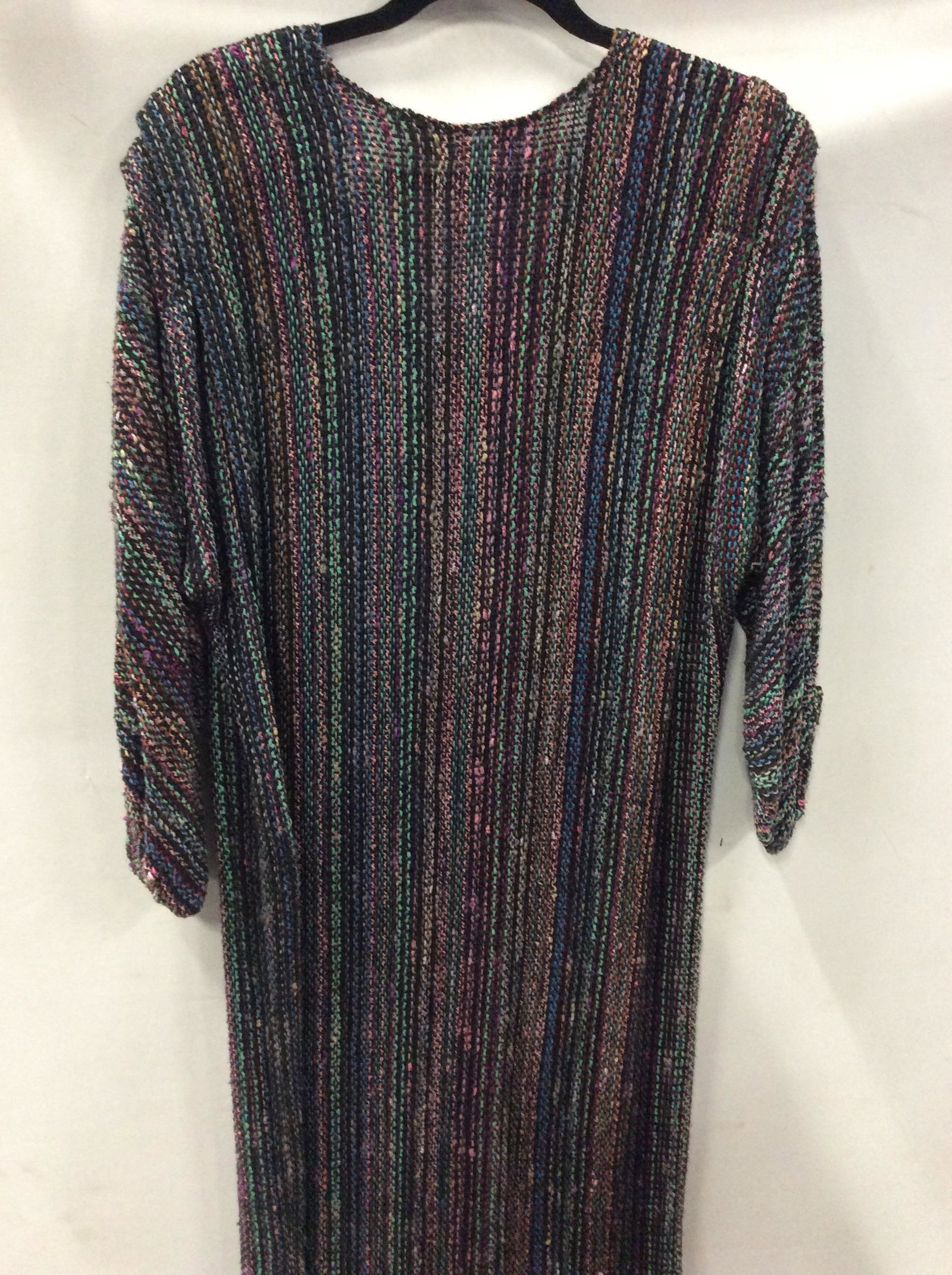 REBECCA JANE NOBLE HANDWOVEN Knit Dress: Tunic style dress with Handwoven rayon threads and yarns, dry clean only, designer label, 3/4 sleeve, straight fit, multi colored and subtle. 40 in wide, 45 in long. REBECCA JANE NOBLE HANDWOVEN Knit 
