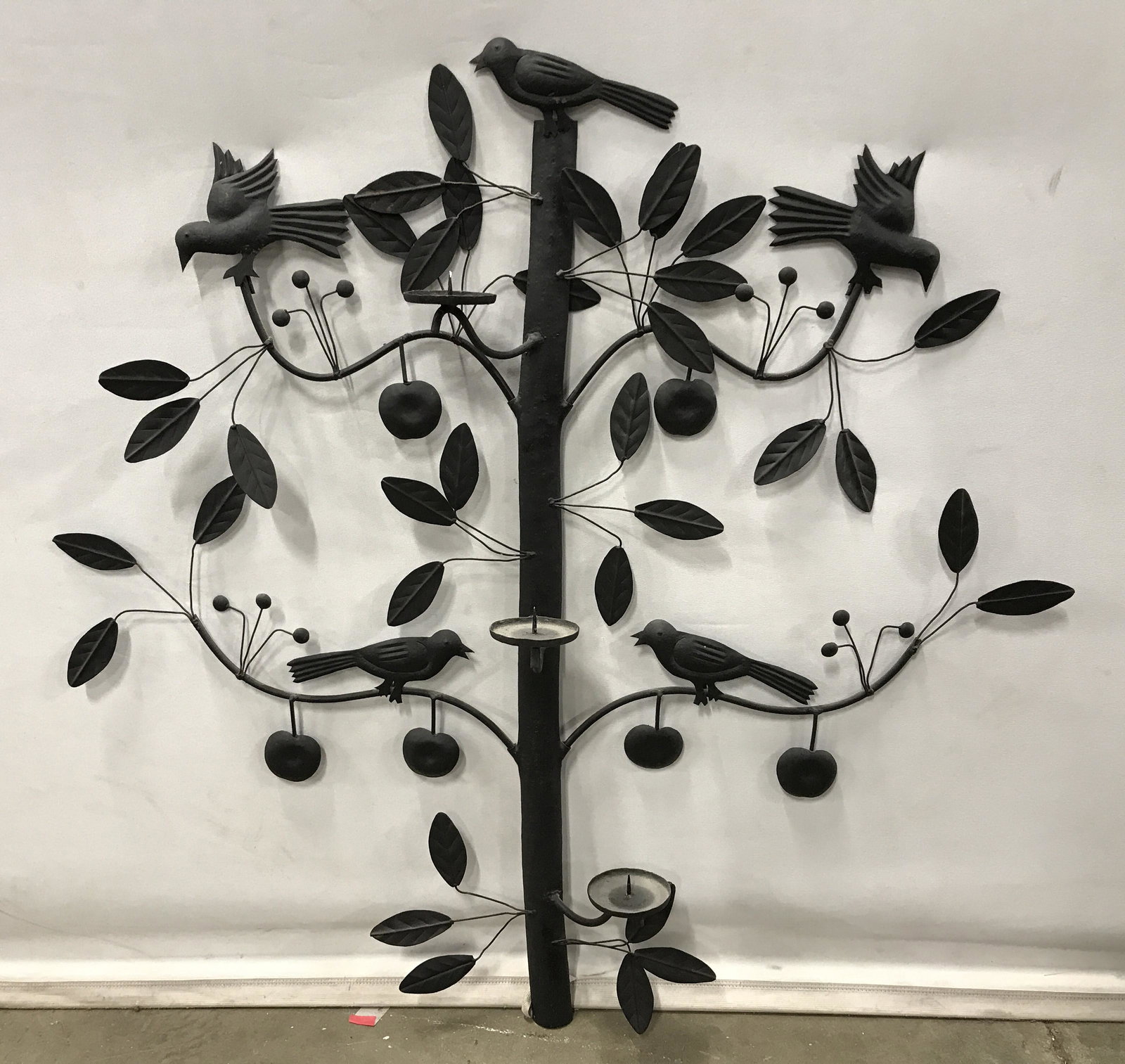 MCM Vintage Roosting Bird Candle Holder: Vintage Candle Holder. Wall mounted holder, resembles birds roosting on branches. Holds three candles. Branches are removable. Measures approx 34 inches H, and 33 inches W. Wear is consistent with age