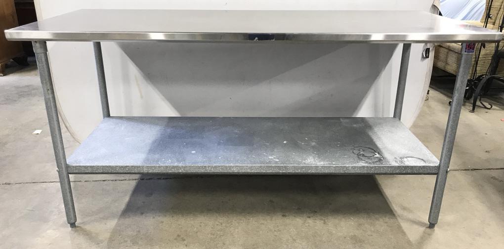 JOHN BOOS Stainless Steel Work Table: Piece has tag on underside of tabletop on leg which reads JOHN BOOS & COMPANY MADE IN USA. Piece is silver toned, stainless steal. Measures approximately 72 inches long 36 inches tall 30 inches deep. 