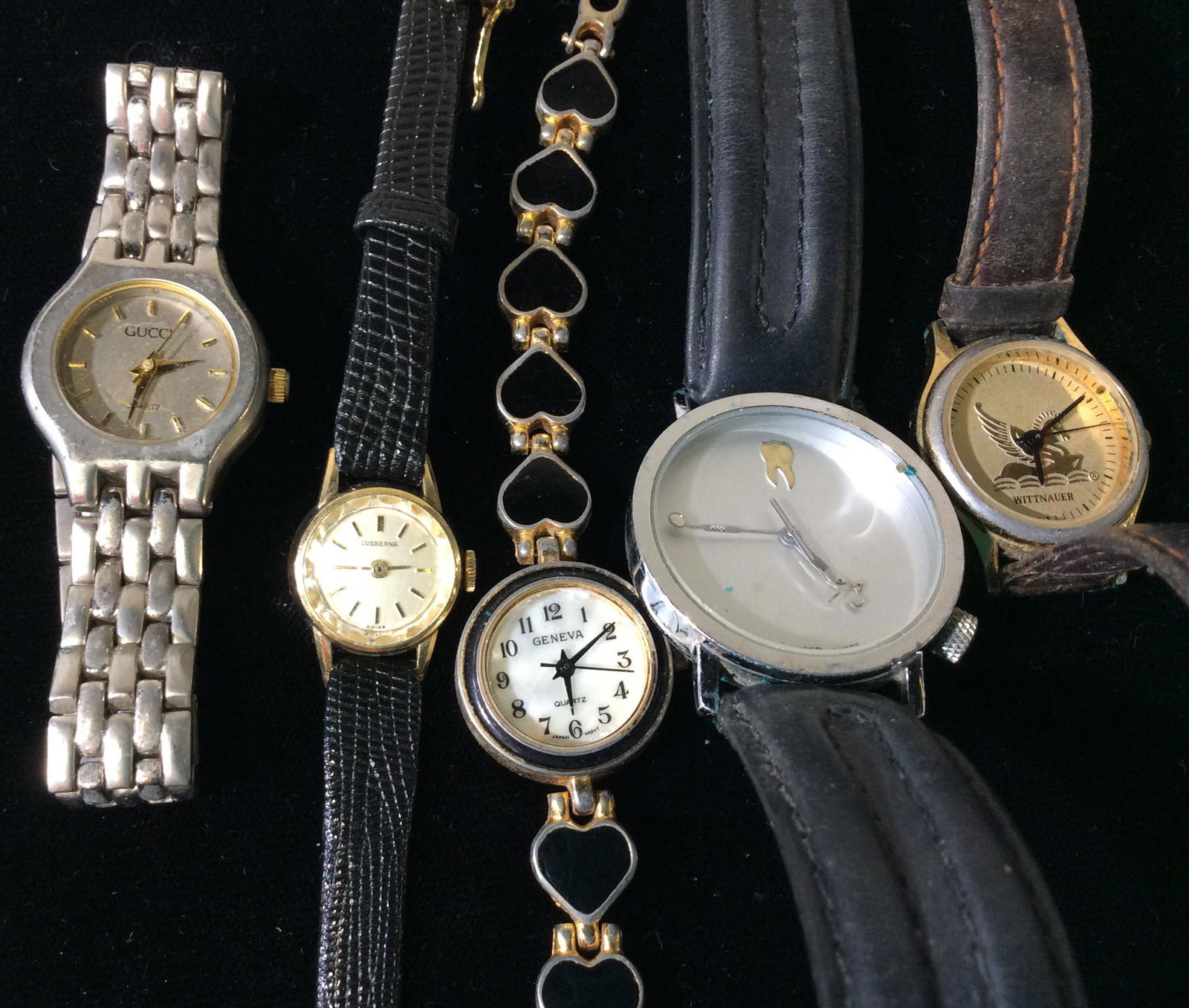 Vintage Lot 5 Designer Mid Century Watch Bands: Luxury Brands include GUCCI, GENEVA, AKTEO FRANCE, WITTNAUER, LUSSERNA SWISS. Golf club Hand theme on AKTEO J.C. MARESCHAL Watch, Pegasus Style flying horse face design on Wittnaurer. Swiss Watch Genu