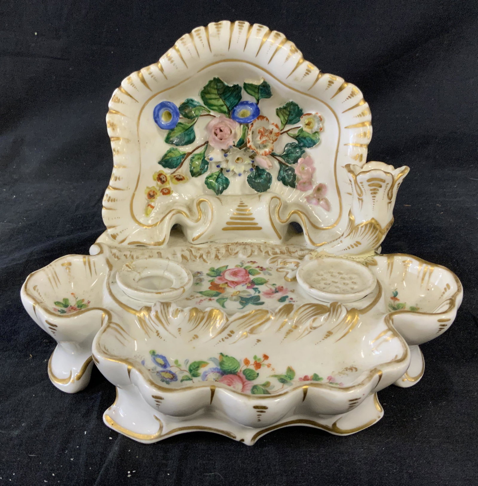 Vintage Ceramic Inkwell Set: Vintage Ceramic inkwell set, no apparent inscriptions or stamps, floral design in relief, painted flowers, measures 6 7/8 inches tall x 8 7/8 inches at widest point, some chips but overall in good con