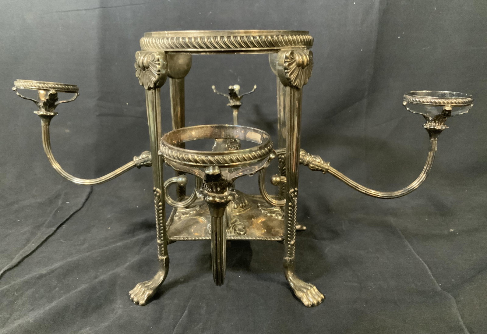 Vintage Metal Vase and Candle Holder: Vintage Metal Vase and Candle Holder, inscription to base reads ‘made in England NB & SN’, claw foot and vegetal details, silver toned metal, measures 10 inches tall x 20 inches at widest point, o