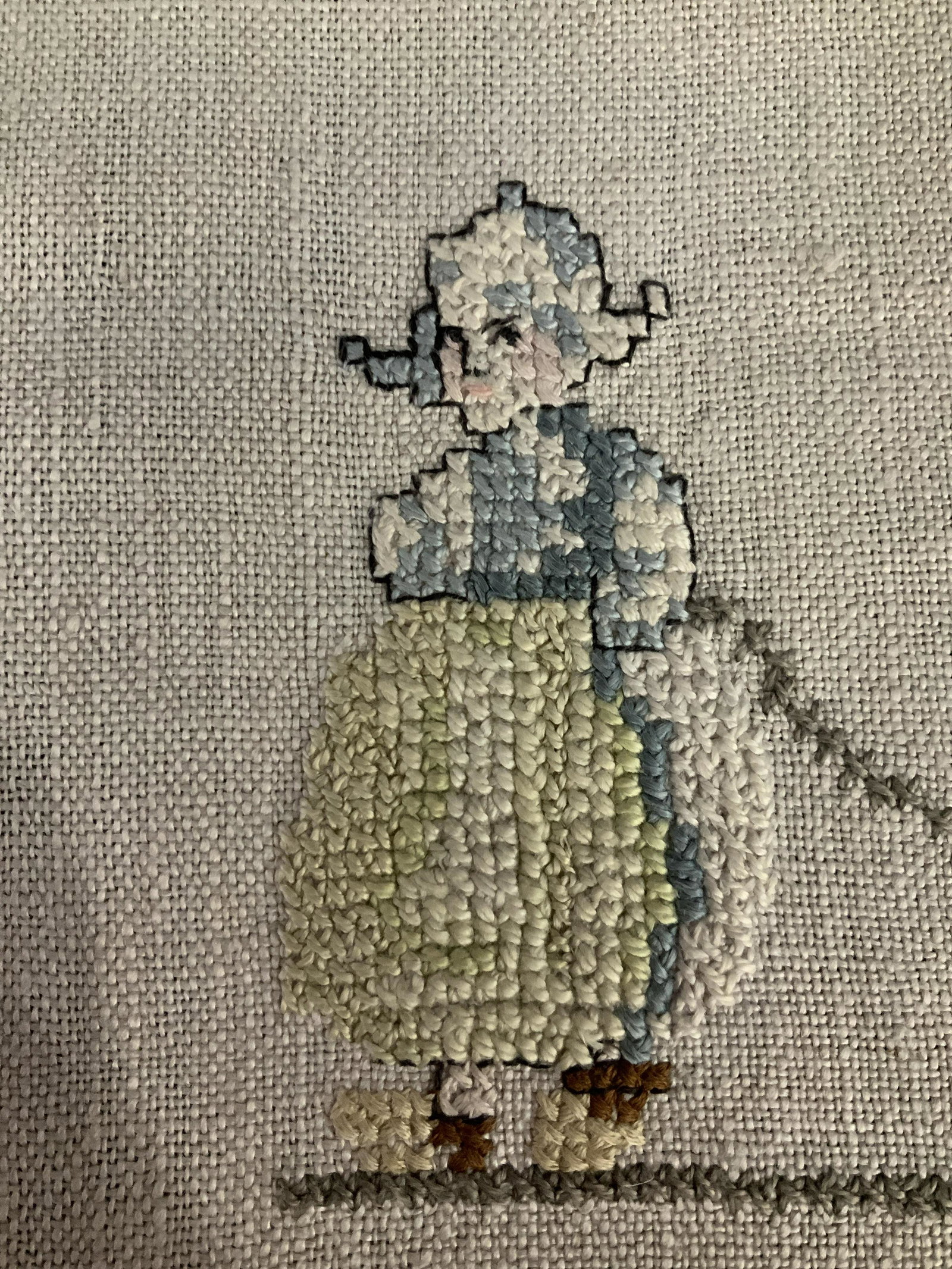 Vintage Cross stitch Tea Towel: Vintage cross stitch dish towel, no apparent inscriptions or stamps, girl walking a dog with a plant, measures 20 1/8 x 14 3/4 inches, in good condition, Vintage, embroidery, cross stitch, dish towel,