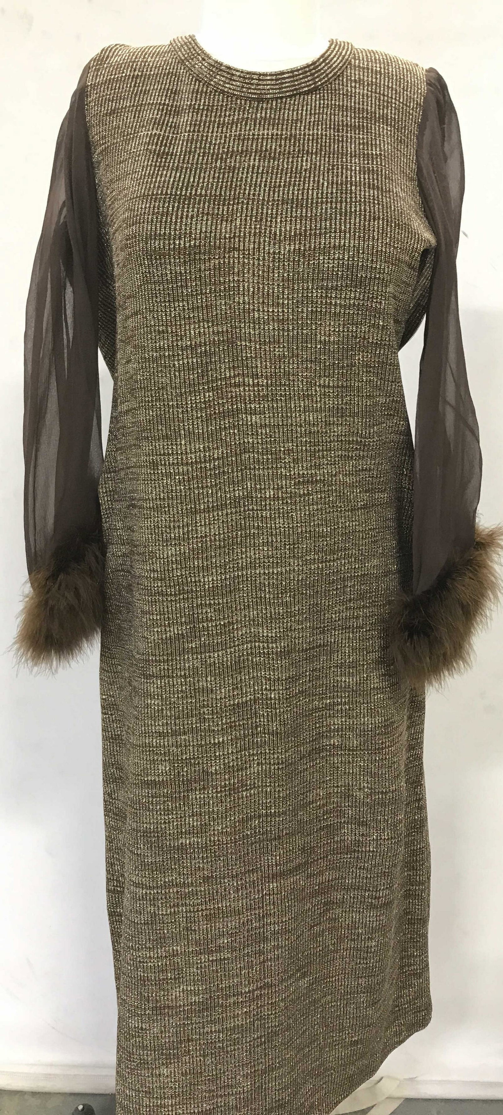 Vintage Knit Cocktail Dress Ostrich Feather Cuffs: Possibly c. 1970s , ribbed chocolate metallic gold dress, vertical knit pattern, high crew neck, sheer sleeves and dyed brown ostrich feathers on sleeve cuffs. Long zipper on verso, In good vintage co