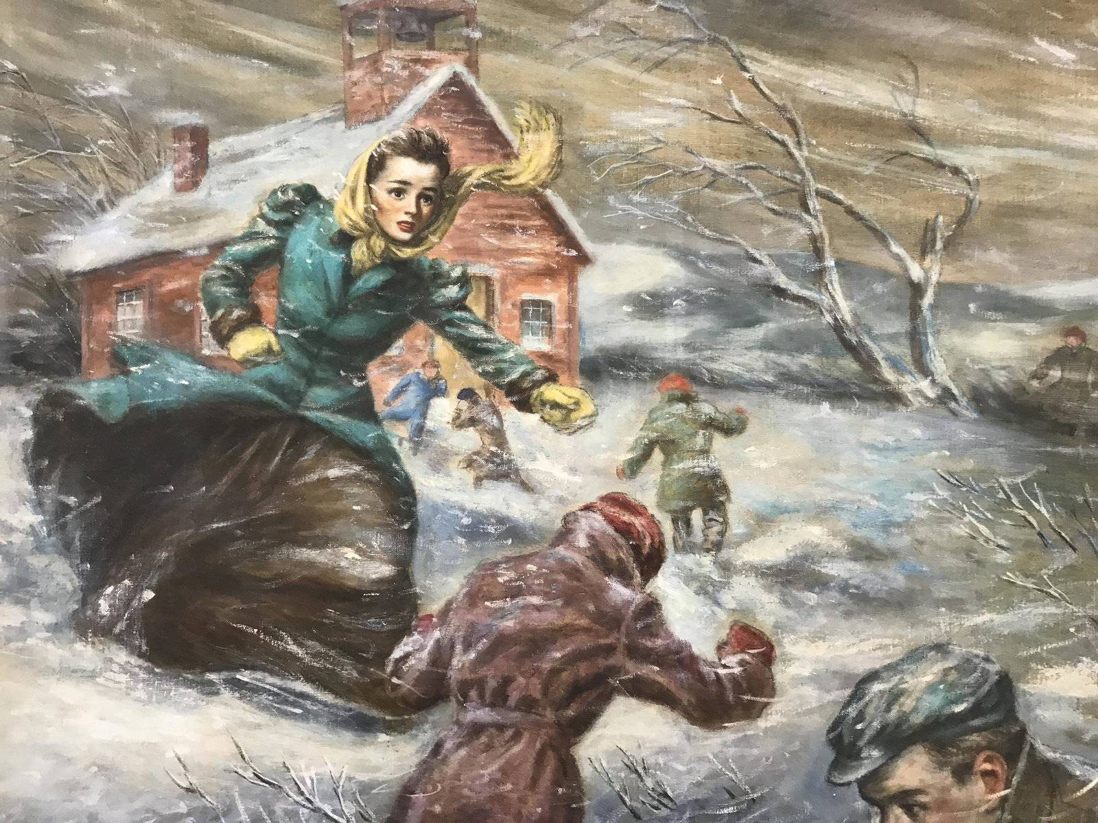 John Alan Maxwell Signed Oil on Canvas: John Alan Maxwell Signed Oil on Canvas, signature to the lower left section reads ‘John Alan Maxwell’, subject a snow storm scene with a female figure calling children into what appears to be a sc
