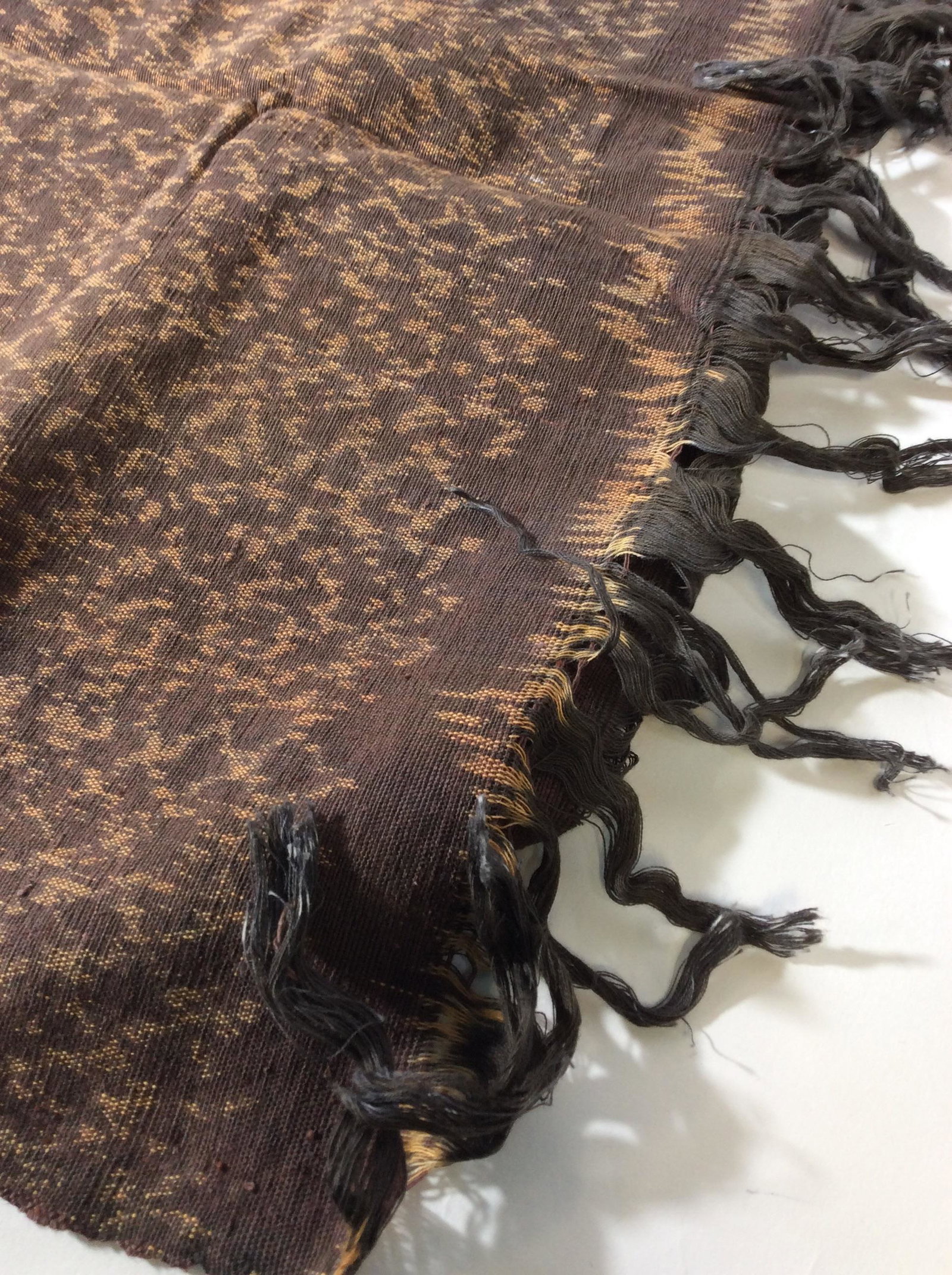 Combed Cotton Animal Print Textile, Borneo: Multi use textile, 90 in. x 45 in. Heavy woven cotton with abstract animal Print in brown and taupe. Use as a tablecloth, Tapestry, Window Dressing, Wall Decor, Ceremonial, Bed Cover, Up Cycle Textile