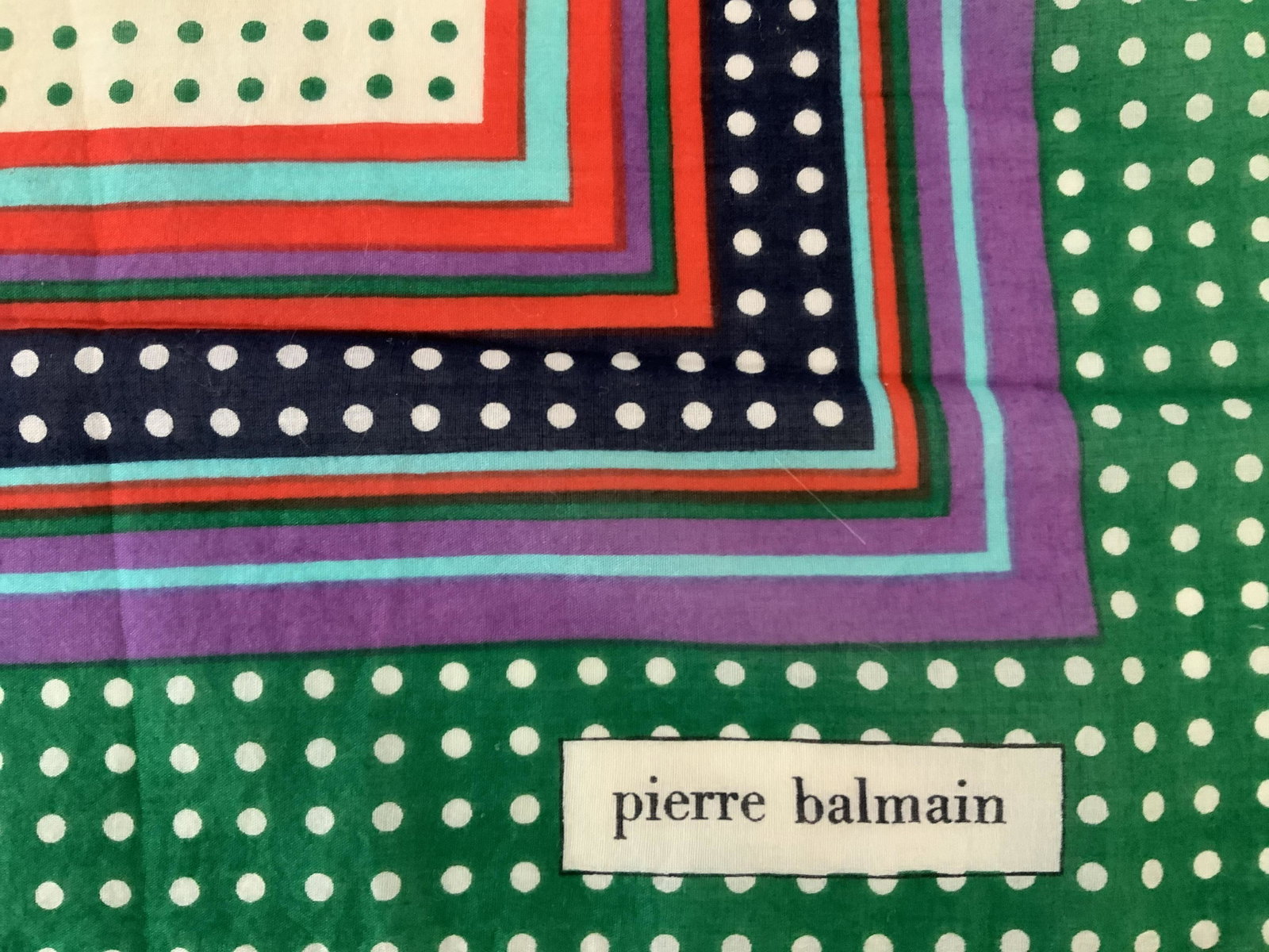 Lot3 Luxury Designer Fashion Scarves / Accessories: Set of three handkerchiefs / scarves / fashion accessories Multicolored polka dots, labeled Pierr Balmain, measures 20 inches by 20 inches Red And white checkered , label reads Donnie Charm, measures 