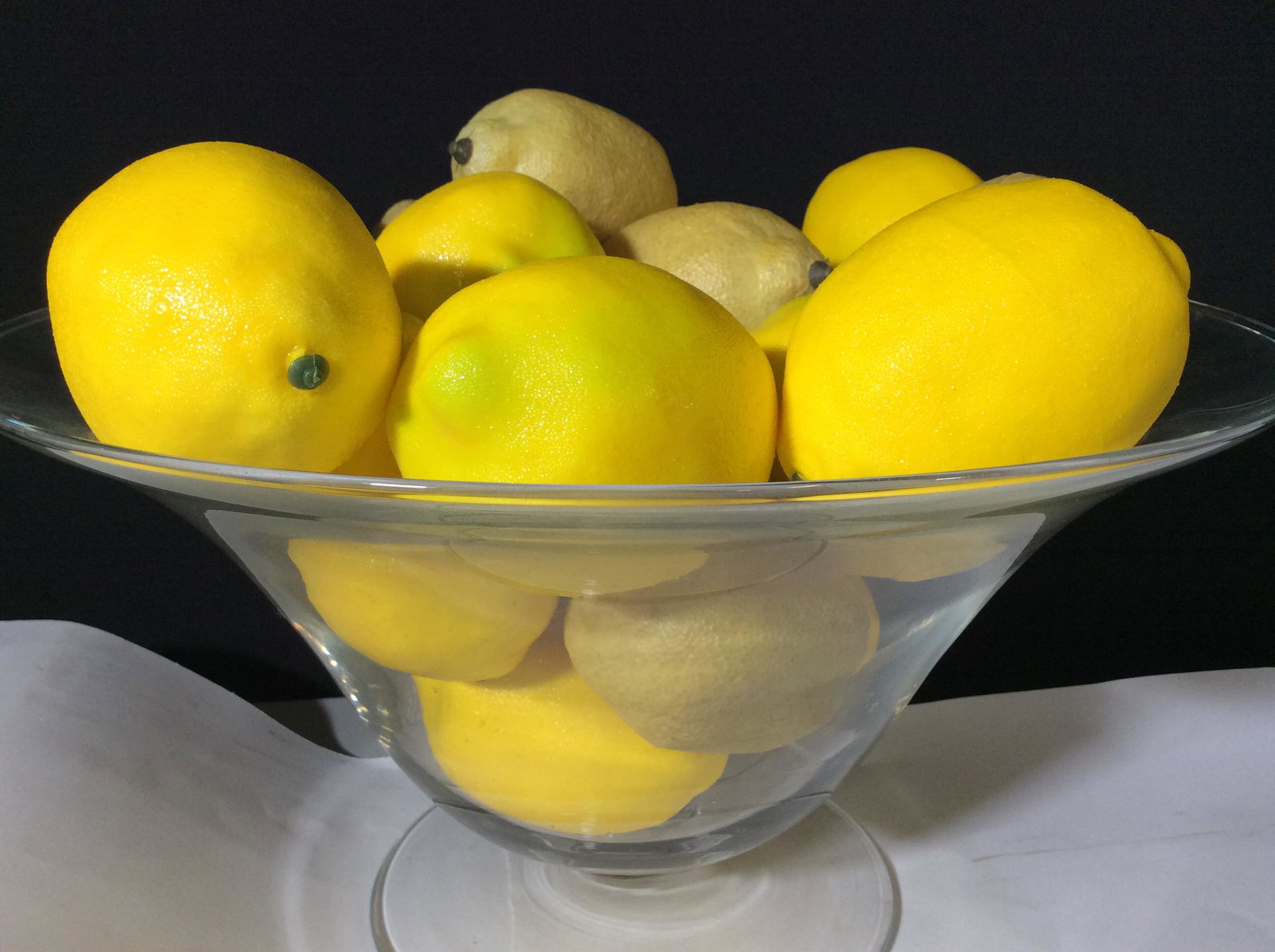 Glass Bowl Centerpiece W Decorative Lemons: Colorful faux lemons, bowl measures 13.5 in diameter, 7.25 in ht. Glass Bowl Centerpiece, Tabletop Decor, Fruit Table Decor And Accessory, Interior Design Accessory, Faux Lemons, Glass Vessel, 3