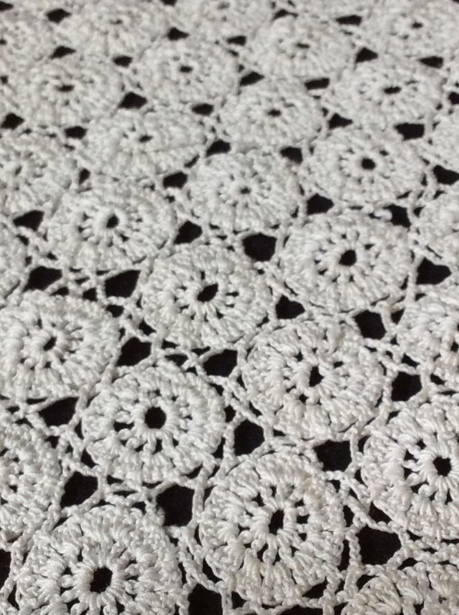 Collectible Lot Mid Century Crochet Textiles: Lot includes table runners, avg size 43 x 13 in. Square Doilies with rounded cricket shapes. Most hand made , if not all. Over 20 pieces. Many possibly can be bleached. No major fabric issues, slight