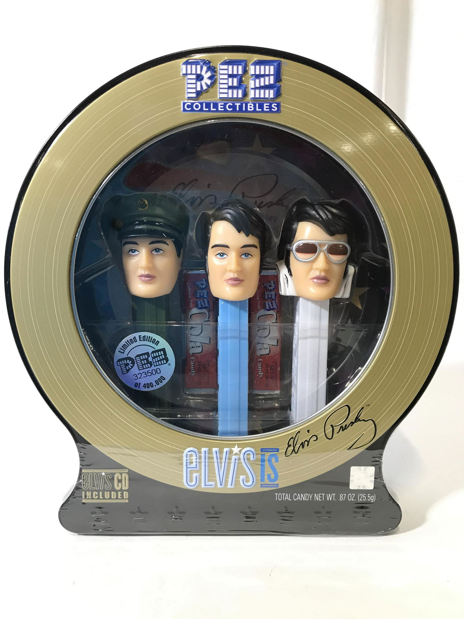 Collectible ELVIS PRESLEY PEZ Dispensers In Box: PEZ dispensers appears to be vintage. Pieces include original box. Includes 3 dispensers. Limited edition 323500 out of 400,000 as stated on tag. Box measures approximately 8 inches tall 7 inches wide