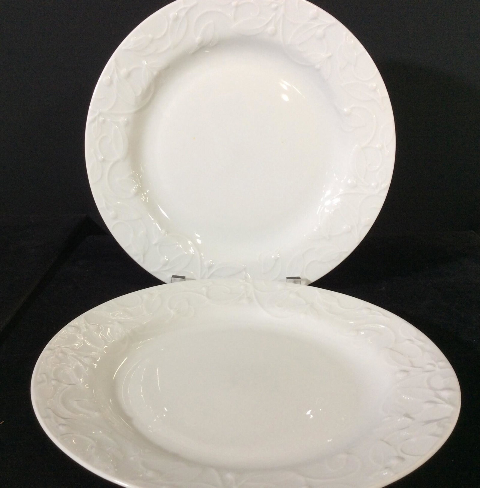 Set 4 DANSK PORCELAIN Dinner Plates: Dansk Floating Leaves Pattern, Hallmarked, Set Of 4 white porcelain dinner plates, micro and dishwasher safe. 11 in. Dansk International Plates, Dansk Floating Leaves Plates, Dinnerware, Place Setting