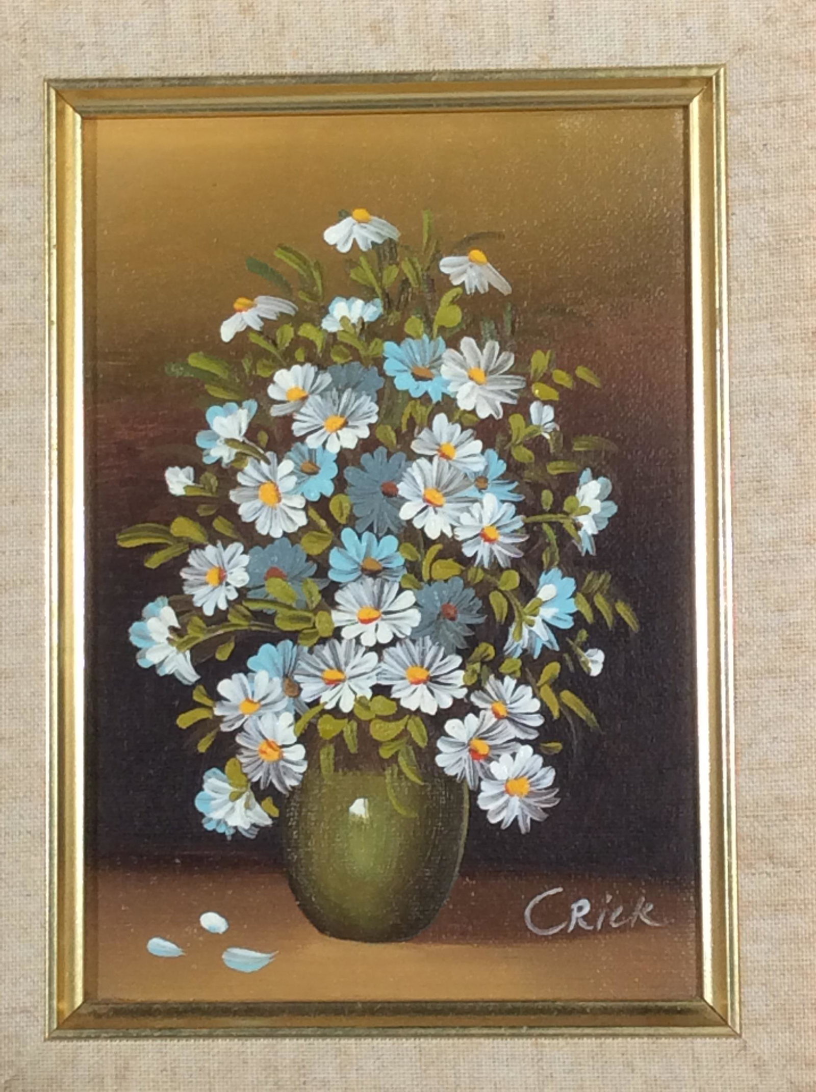 Set 7 Signed, Framed Oil On Canvas, CRICK: All framed Gilt wood, same ornate design, still life florals, Signed ‘Crick’ or CR’, largest measures 9.5 x 12 in. One chip to frame, lower left, can be colored in with gold marker. Other are mi
