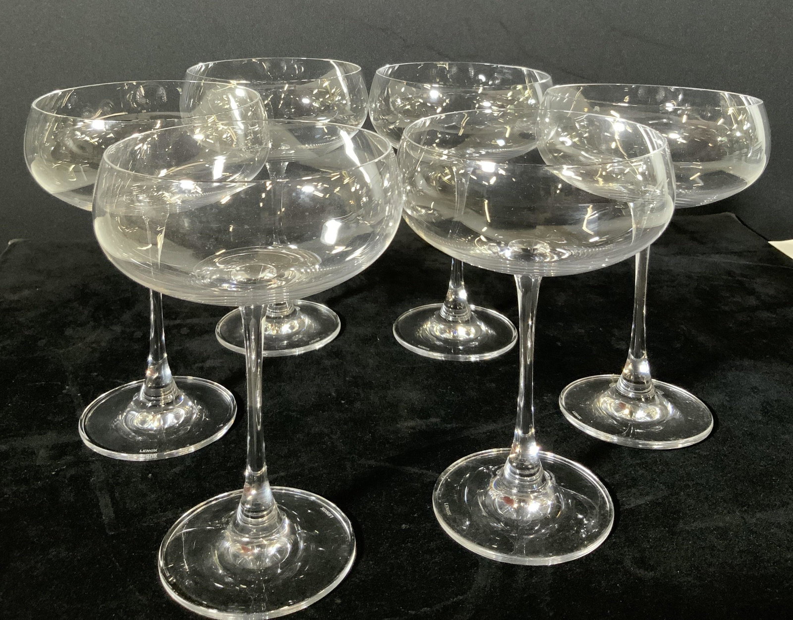 Set 6 LENOX, Signed Crystal Stemware: 6 Margarita, Daiquiri stemware glasses. Underside reads LENOX. Thin walled, Ht. Approximately 6.5in. Width is Approximately 4.5in. Diameter 3 7/8 in. Stemware, Crystalware, Crystal, Barware, Crystal d