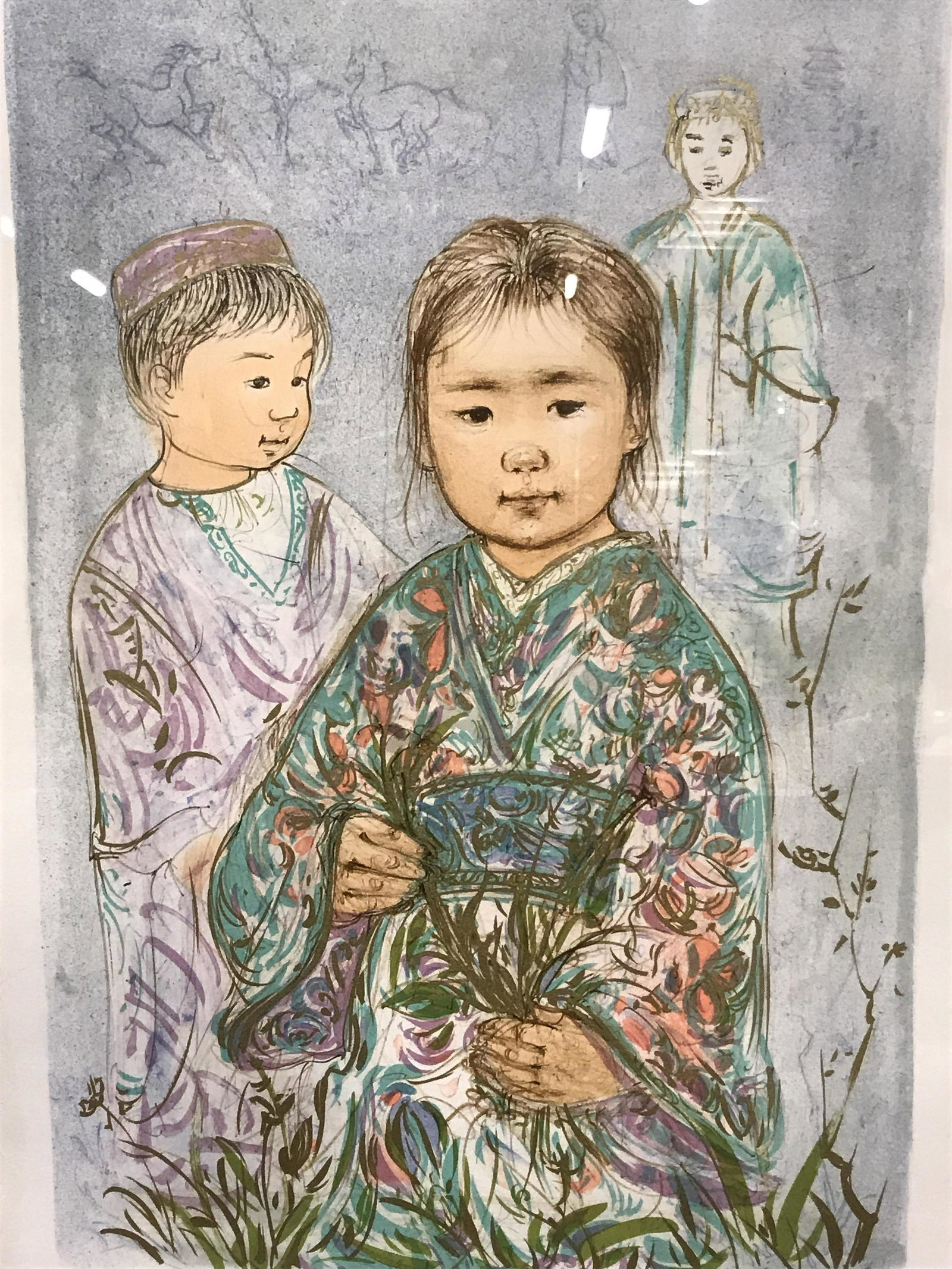 Edna Hibel Signed Hand Colored Lithograph: Edna Hibel Signed Hand colored lithograph, signature to the lower right corner reads ‘Hibel’, text to the lower left corner reads ‘I 19/30 ed354’, subject three Asian figures ranging in age in