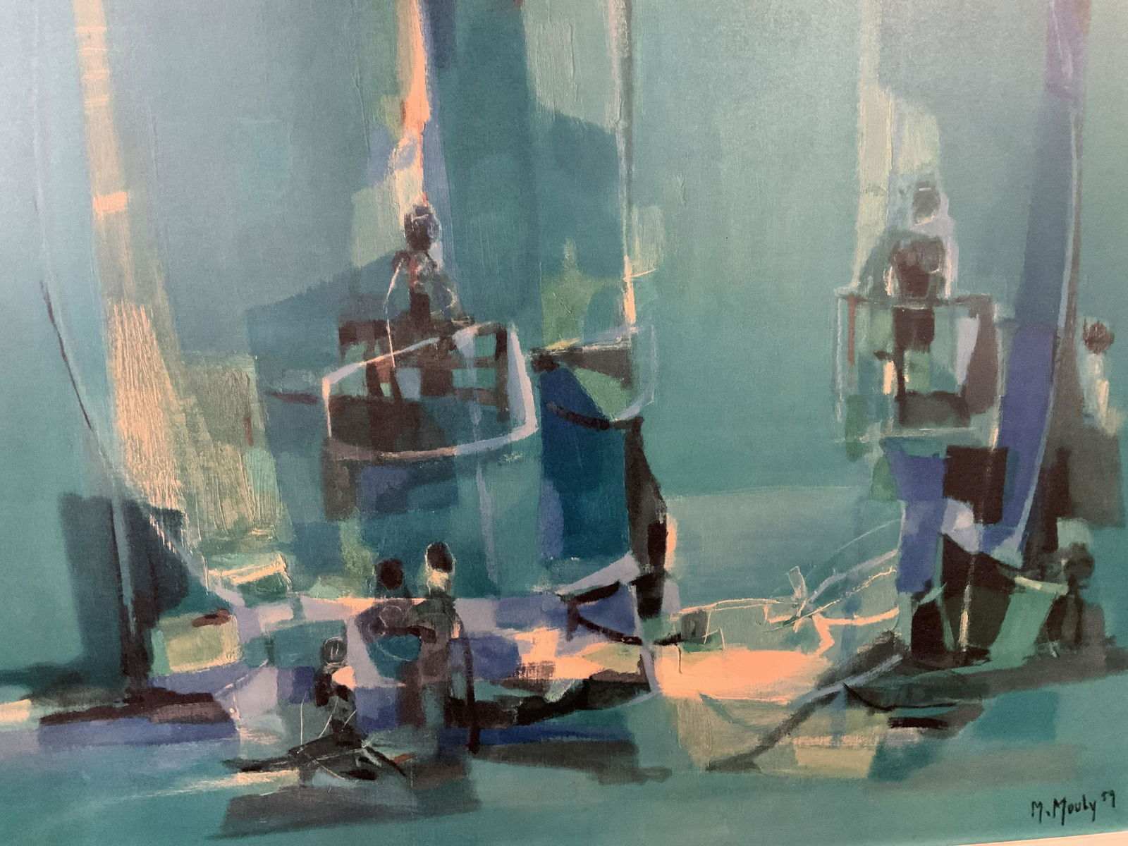 Marcel Mouly Spanish Balcony Offset Lithograph: Marcel Mouly Spanish Balcony offset lithograph on board, reproduction of artist’s original work, inscription to lower right reads ‘M Mouly’, inscription to reverse reads ‘6011’, abstracted p