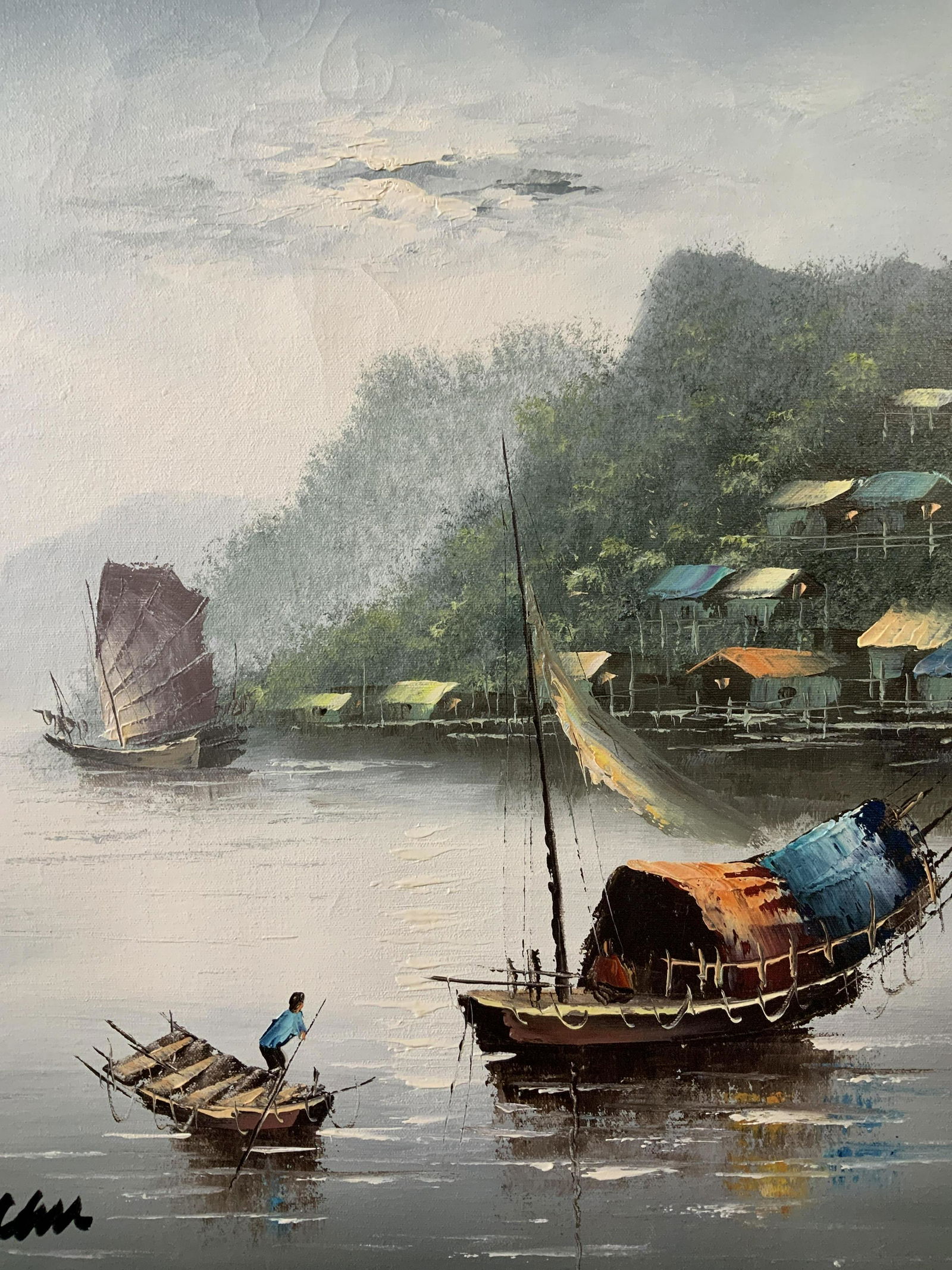 Signed Chinese Boats Oil Painting: Signed Chinese Boats oil on canvas painting, signature to lower left illegible but could possibly read ‘Chu’, label to reverse reads ‘Central Square Gallery Linwood, New Jersey’, boats on wate
