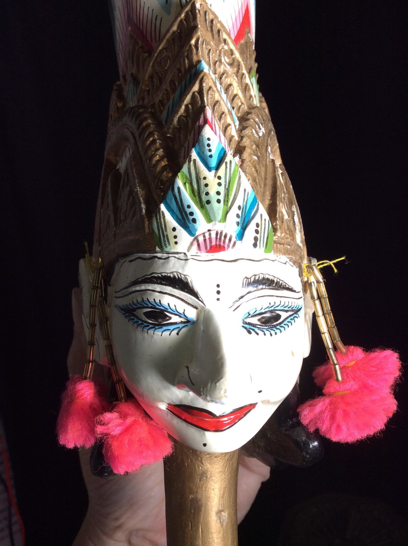 Vntg Indian Hand Crafted Wood Puppet Goddess: Indian marionette, movable arms with puppetry sticks. Hand painted gold and exotic Ceremonial headdress and facial detail. Head needs attachment. Handmade clothing. 22 in long, app 6 in wide. Ceremoni