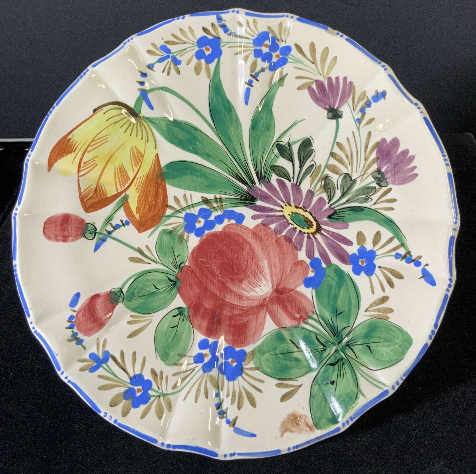 Vntg Hand Painted Ceramic Cake Pedestal Dish: Plate Italian floral ceramic pedestal plate. Hand Painted blue trim and floral accents. Thick walled ceramic. Molded scalloped edges around top piece. Minor chips to base. Underside reads: Italy, Hand