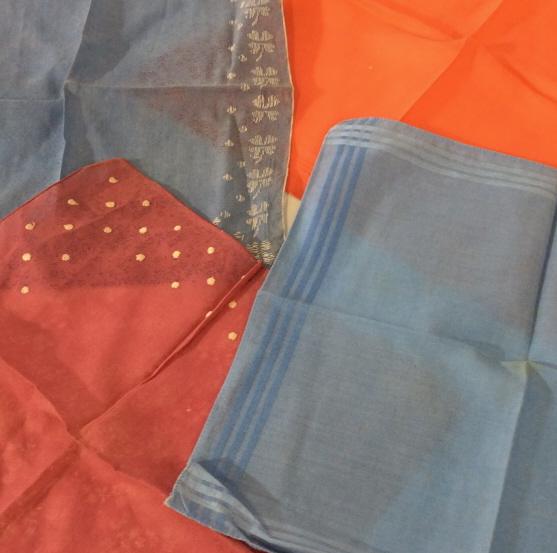 Lot of vintage Cotton Pocket Handkerchiefs: Large lot, includes some with a letter initial monogram, some with discoloration, extra lace scraps. Features are bright coral, Cranberry with embroidered dots, couple of cotton neck scarves, appear n