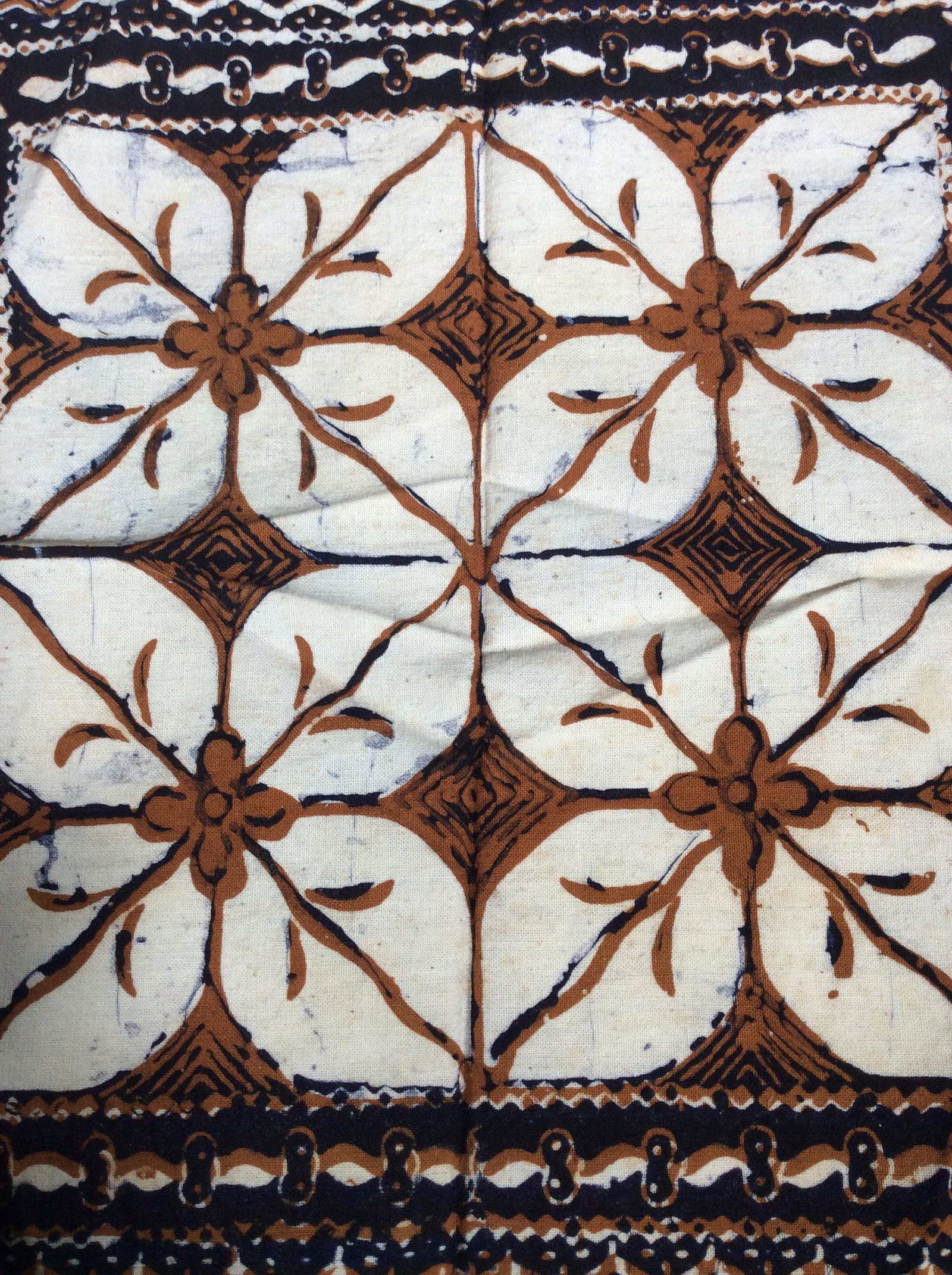 Collectible East Asian Decorative Textiles, Napery: Total 14 pcs. Set 12 Linen Cotton Table Napkins, Black Border with Center 4 flower pattern in cream and brown, 12.5 x 13 in. appears never used. Royal Blue batik cotton Fabric Map Of The South China S